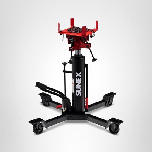 SUNEX TOOLS 1,000 lb Telescopic Transmission Jack, Air/Hydraulic, Foot & Hand Pump, Adjustable Saddle Arms, 73.5 in Max Height, Model 7796