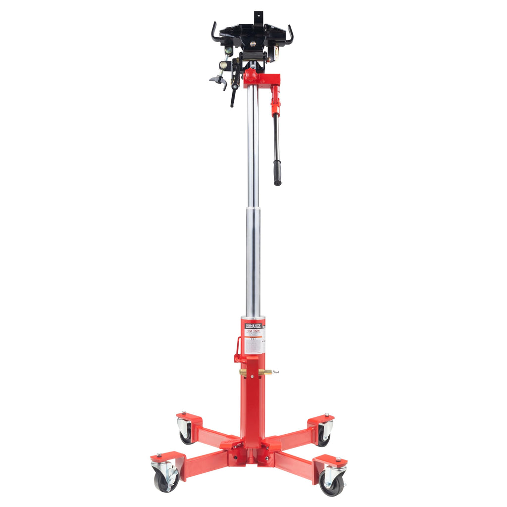 SUNEX TOOLS 1,000 lb Telescopic Transmission Jack, Air/Hydraulic, Foot & Hand Pump, Adjustable Saddle Arms, 73.5 in Max Height, Model 7796