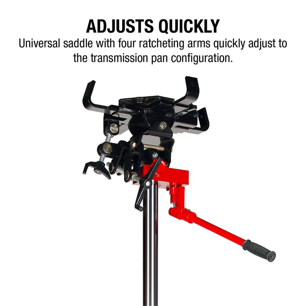 SUNEX TOOLS 1,000 lb Telescopic Transmission Jack, Air/Hydraulic, Foot & Hand Pump, Adjustable Saddle Arms, 73.5 in Max Height, Model 7796