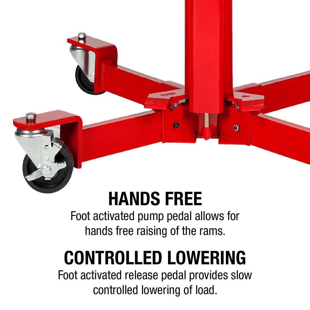 SUNEX TOOLS 1,000 lb Telescopic Transmission Jack, Air/Hydraulic, Foot & Hand Pump, Adjustable Saddle Arms, 73.5 in Max Height, Model 7796