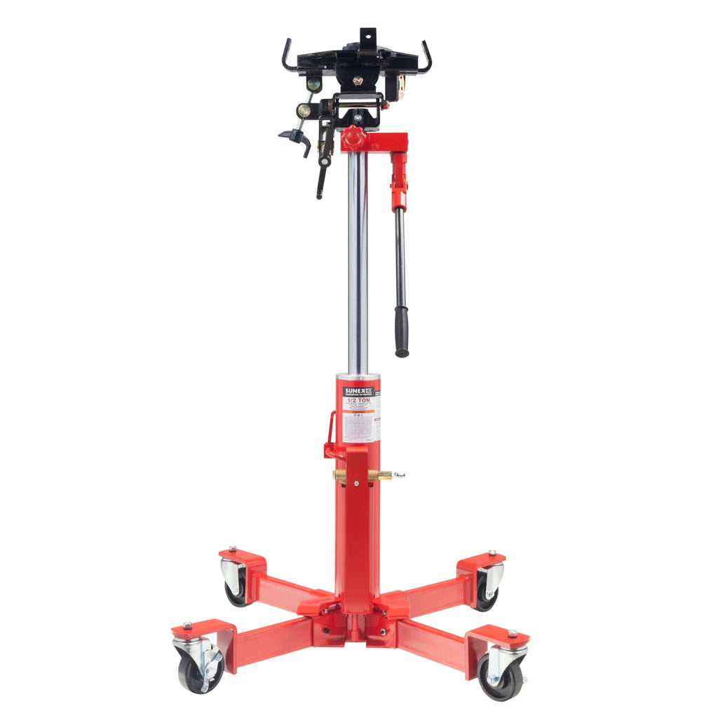 SUNEX TOOLS 1,000 lb Telescopic Transmission Jack, Air/Hydraulic, Foot & Hand Pump, Adjustable Saddle Arms, 73.5 in Max Height, Model 7796