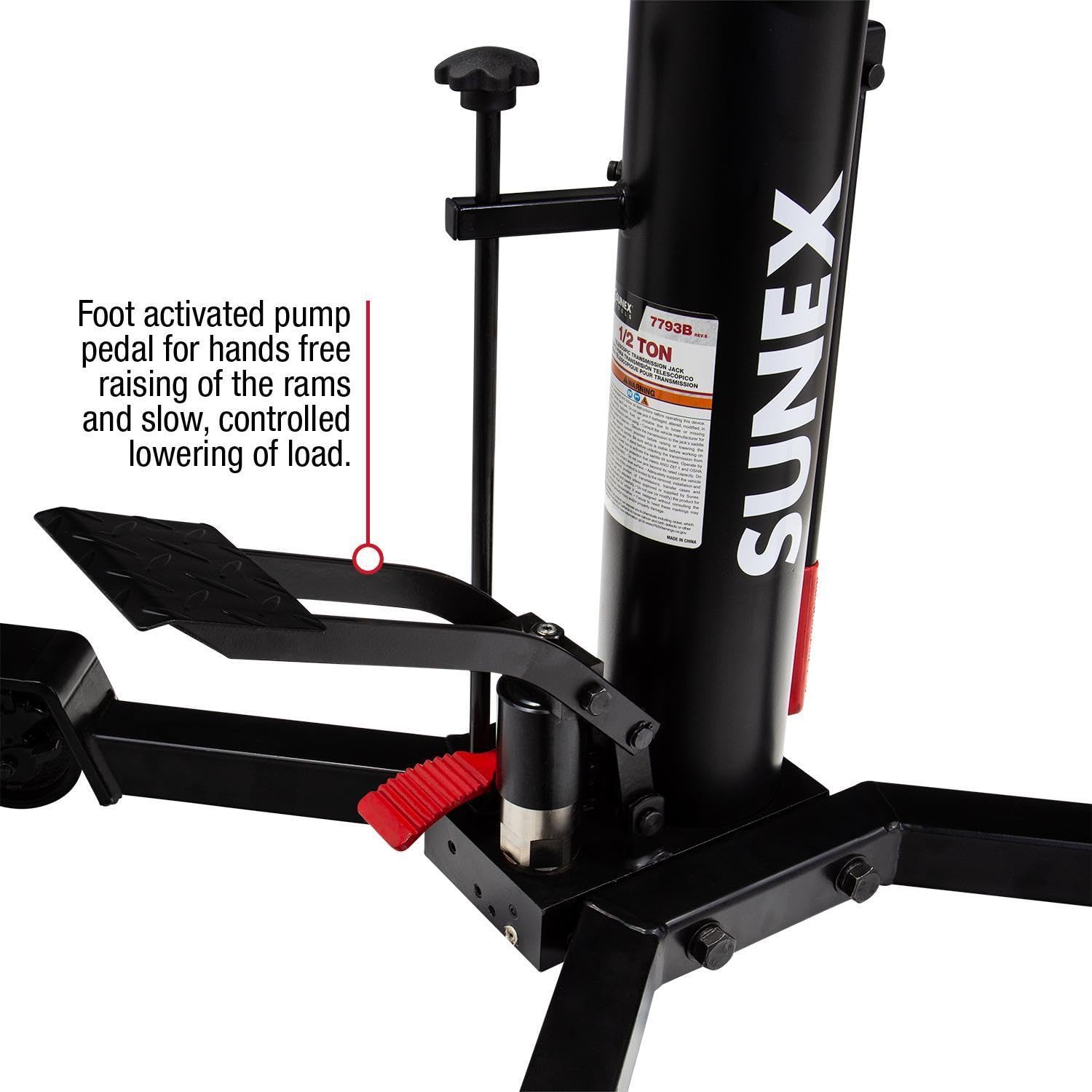 SUNEX TOOLS 1,000 lb Telescopic Transmission Jack, Air/Hydraulic, Foot & Hand Pump, Adjustable Saddle Arms, 73.5 in Max Height, Model 7796