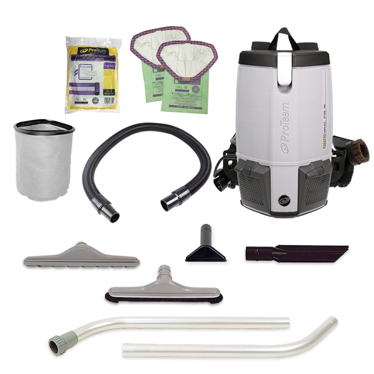 ProTeam ProVac FS 6 Commercial Backpack Vacuum with Power Nozzle Tool Kit, 6 Quart, Gray