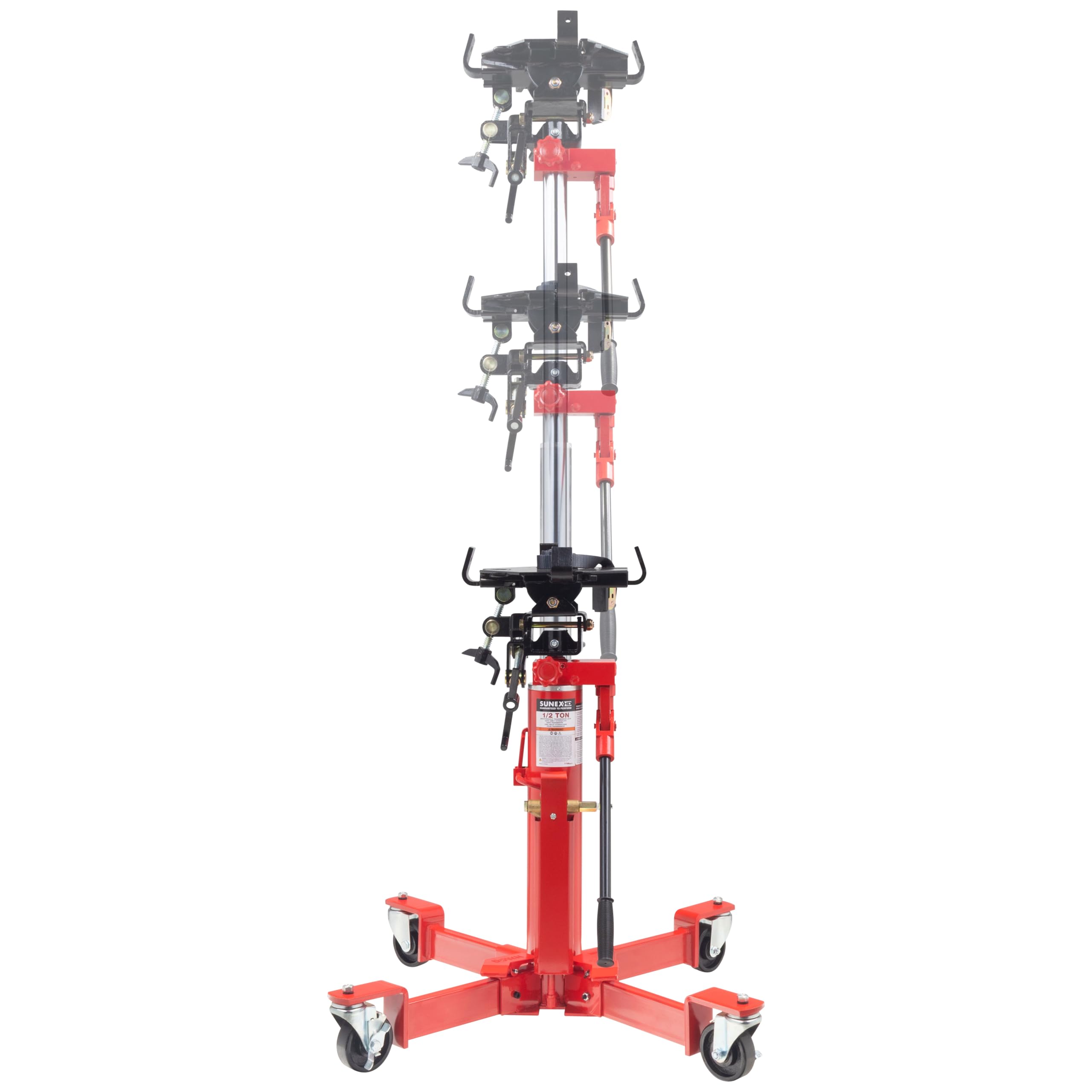 SUNEX TOOLS 1,000 lb Telescopic Transmission Jack, Air/Hydraulic, Foot & Hand Pump, Adjustable Saddle Arms, 73.5 in Max Height, Model 7796