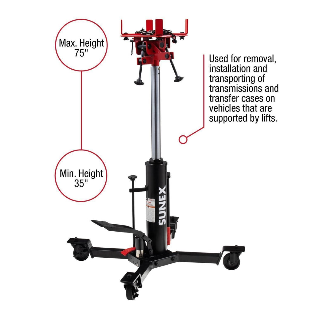 SUNEX TOOLS 1,000 lb Telescopic Transmission Jack, Air/Hydraulic, Foot & Hand Pump, Adjustable Saddle Arms, 73.5 in Max Height, Model 7796