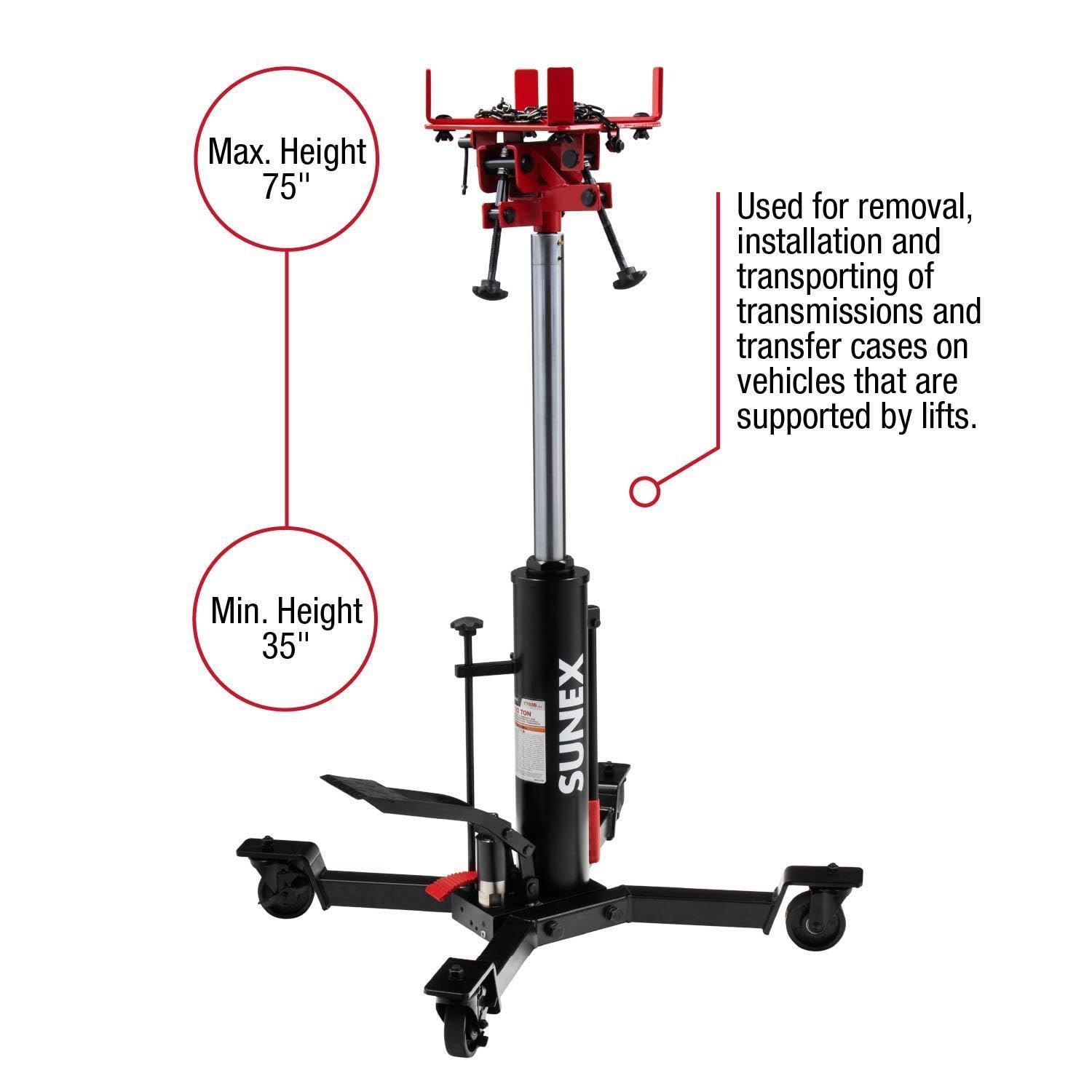 SUNEX TOOLS 1,000 lb Telescopic Transmission Jack, Air/Hydraulic, Foot & Hand Pump, Adjustable Saddle Arms, 73.5 in Max Height, Model 7796