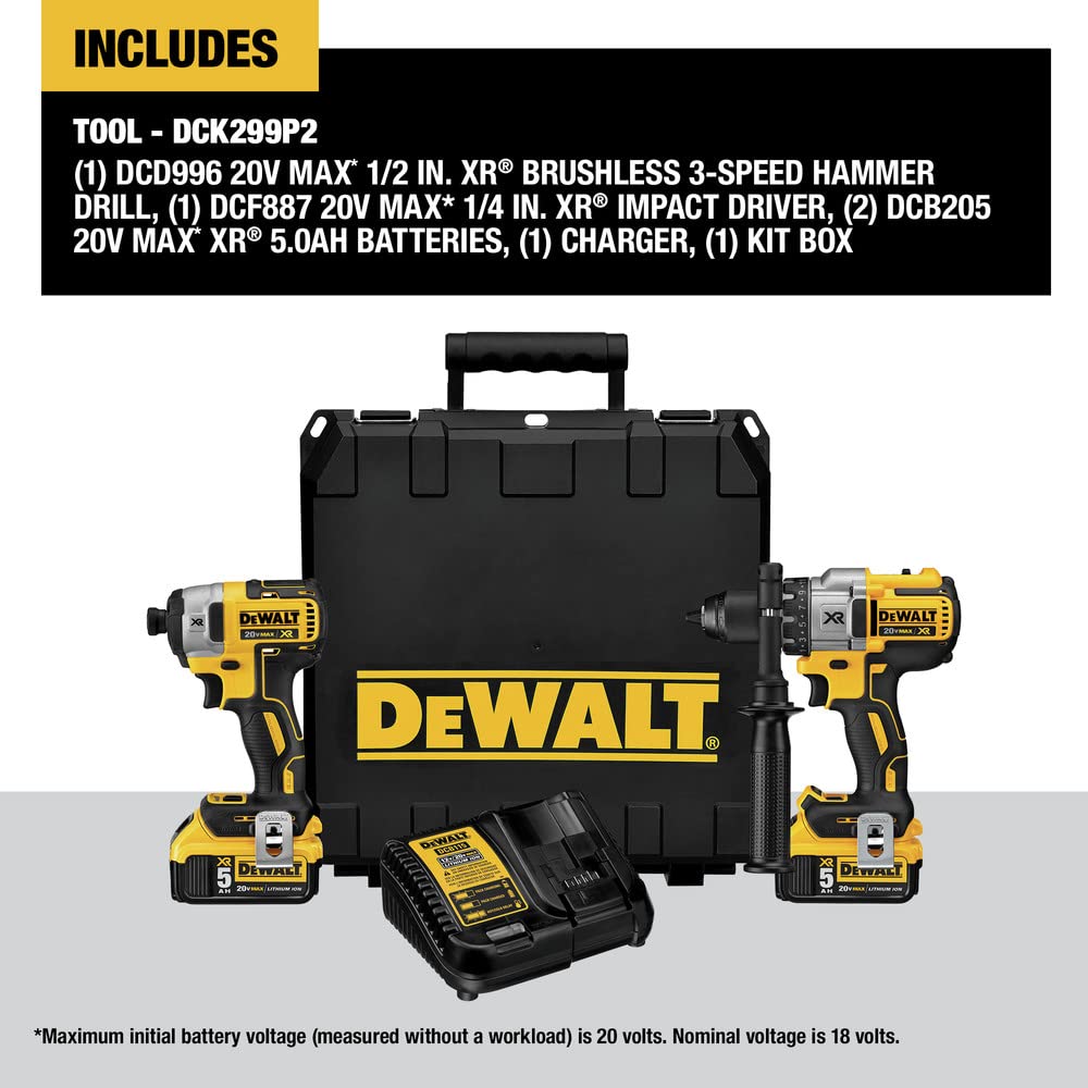 DEWALT 20V MAX Hammer Drill and Impact Driver, Cordless Power Tool Combo Kit with 2 Batteries and Charger (DCK299M2)