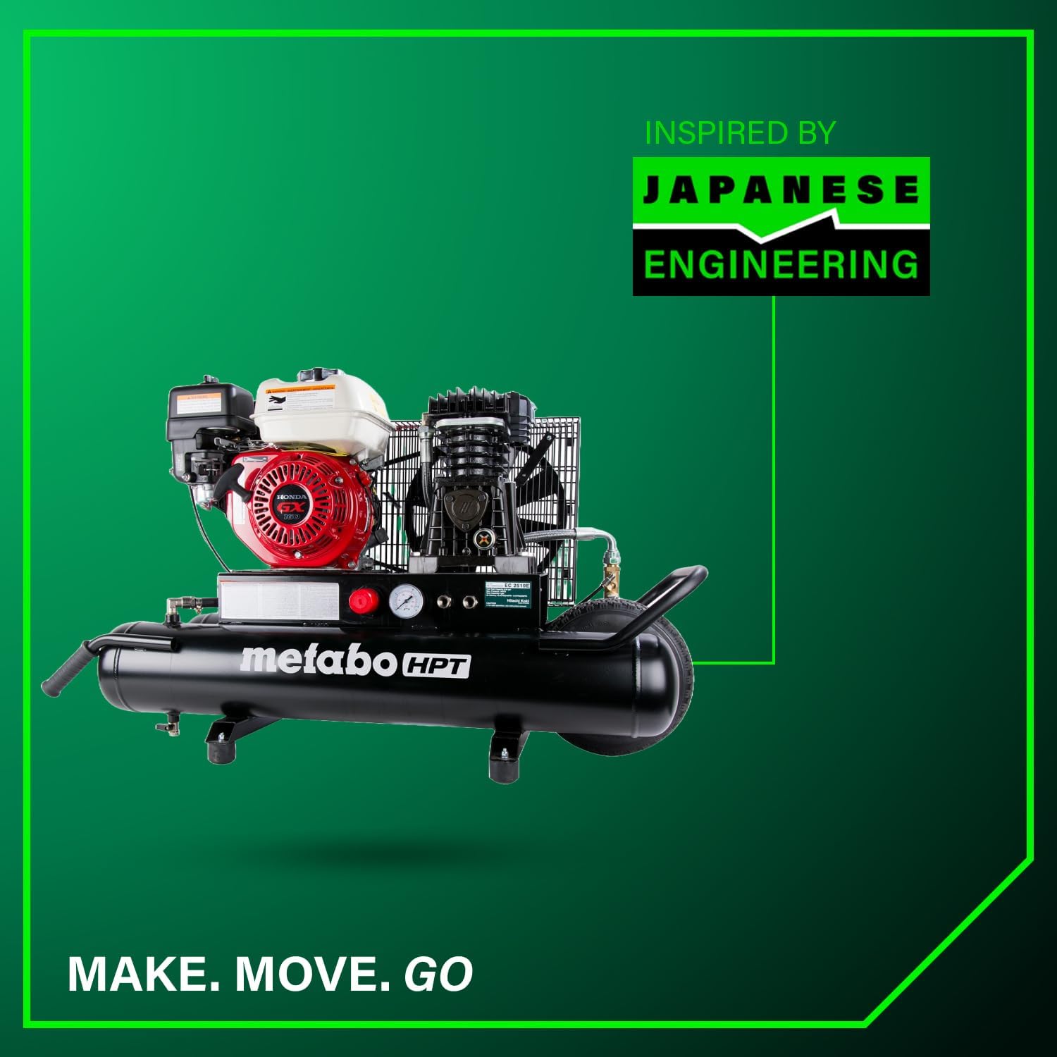 Metabo HPT Gas Powered Wheeled Air Compressor, 8 Gallon, 116 to 145 PSI, Professional Grade Honda GX Engine, Cast Iron Cylinder, Powerful Compression, Integrated Control Panel, EC2510E