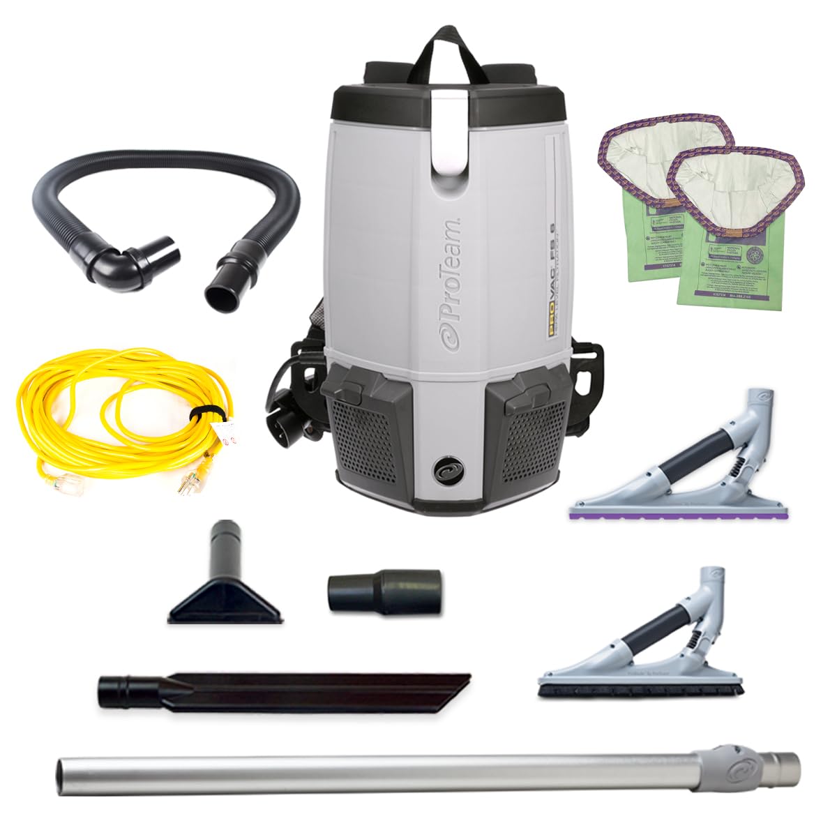 ProTeam ProVac FS 6 Commercial Backpack Vacuum with Power Nozzle Tool Kit, 6 Quart, Gray