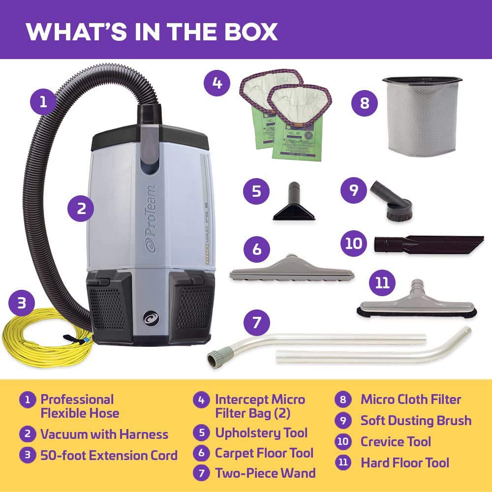 ProTeam ProVac FS 6 Commercial Backpack Vacuum with Power Nozzle Tool Kit, 6 Quart, Gray