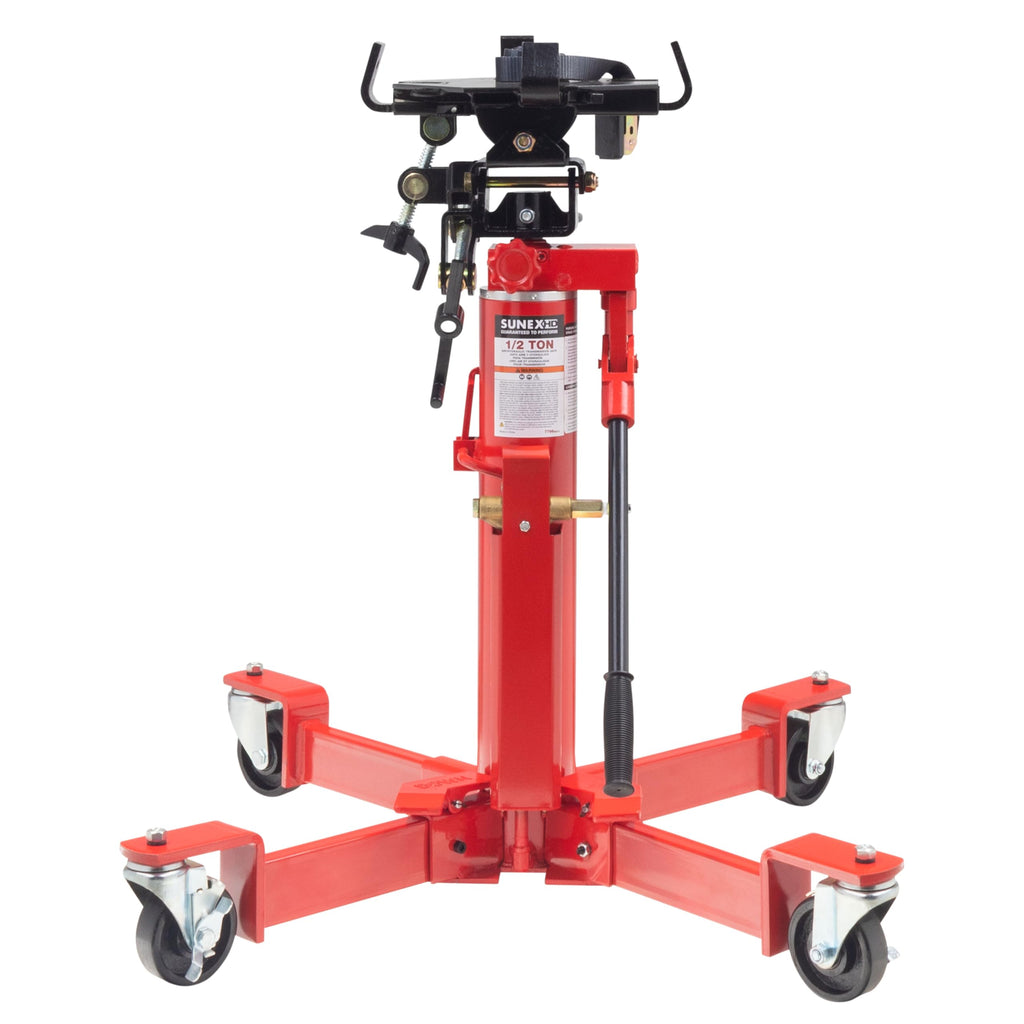SUNEX TOOLS 1,000 lb Telescopic Transmission Jack, Air/Hydraulic, Foot & Hand Pump, Adjustable Saddle Arms, 73.5 in Max Height, Model 7796