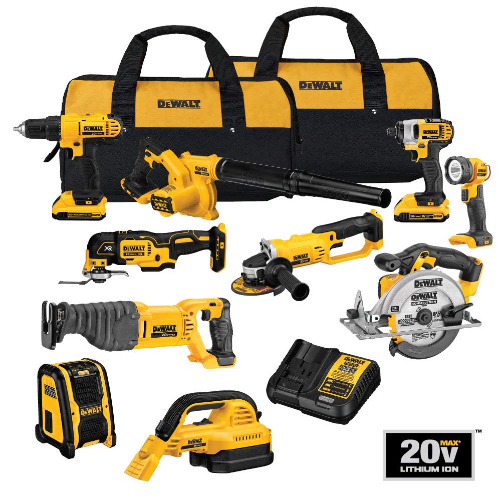 DEWALT 20V MAX Power Tool Combo Kit, 10 Tool Cordless Power Tool Set, 2 Batteries, Charger and 2 Bags Included, Dewalt Brushless Combo Kit (DCK1021D2)