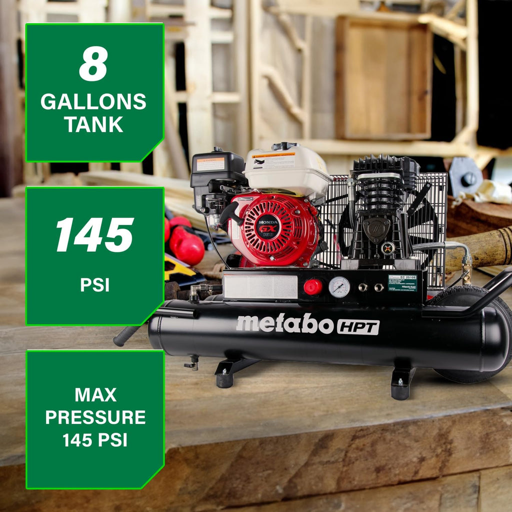 Metabo HPT Gas Powered Wheeled Air Compressor, 8 Gallon, 116 to 145 PSI, Professional Grade Honda GX Engine, Cast Iron Cylinder, Powerful Compression, Integrated Control Panel, EC2510E