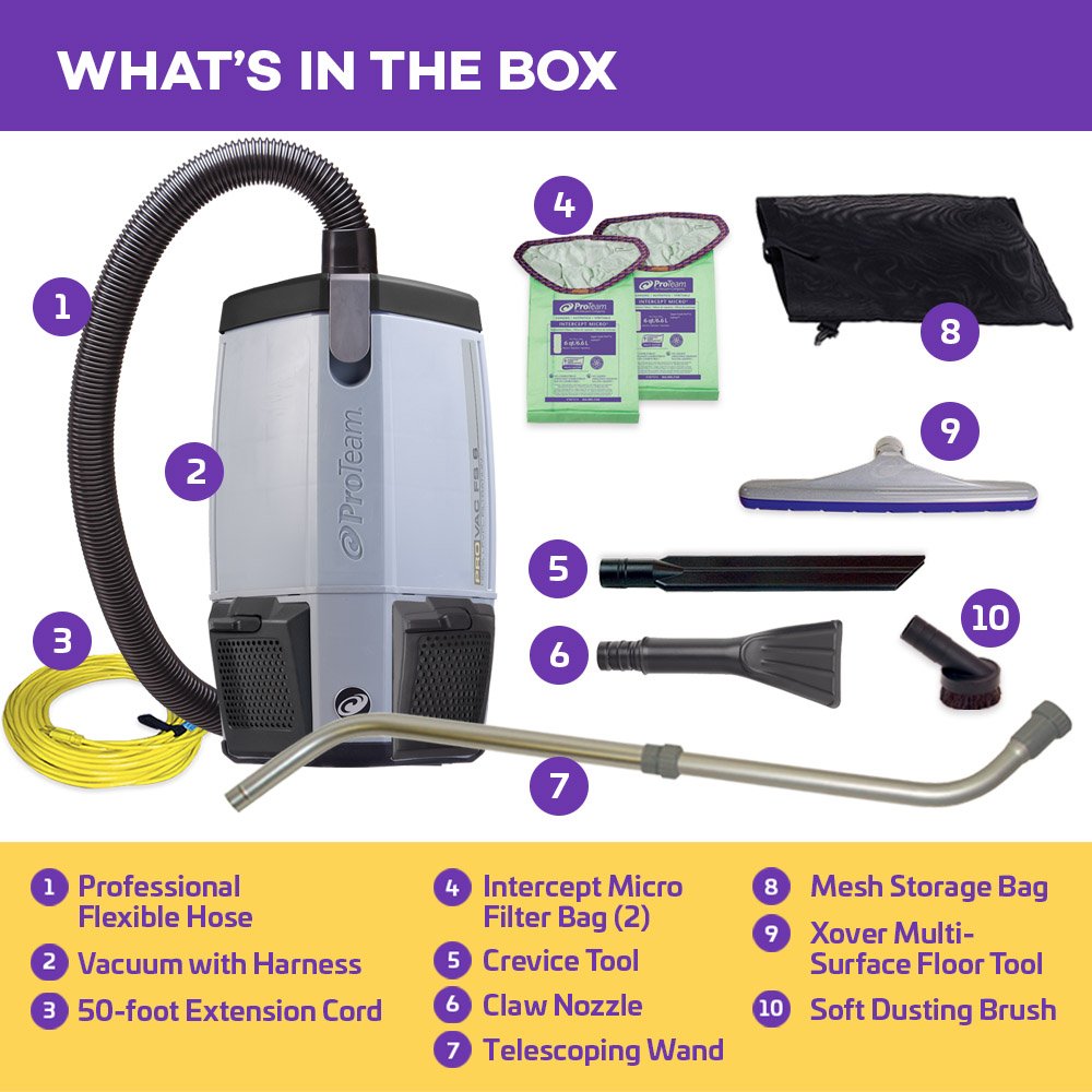 ProTeam ProVac FS 6 Commercial Backpack Vacuum with Power Nozzle Tool Kit, 6 Quart, Gray