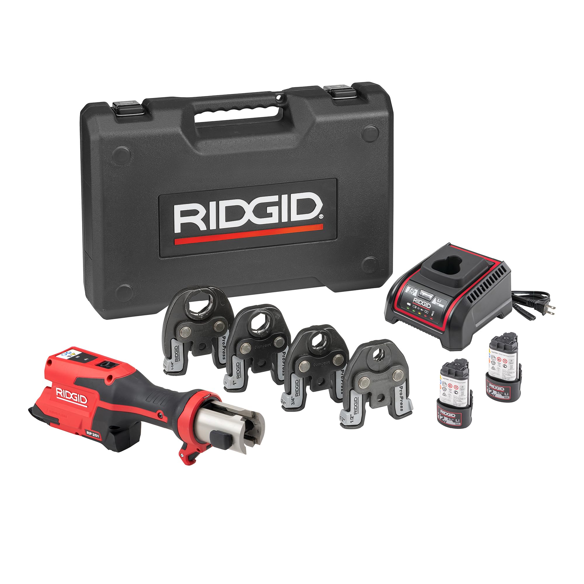 RIDGID 78148 RP 251 Compact Press Tool Battery Kit with ProPress Jaws (1/2" to 1-1/4"), In-Line Pressing Tool for Copper, Stainless Steel, PEX, and Carbon Steel