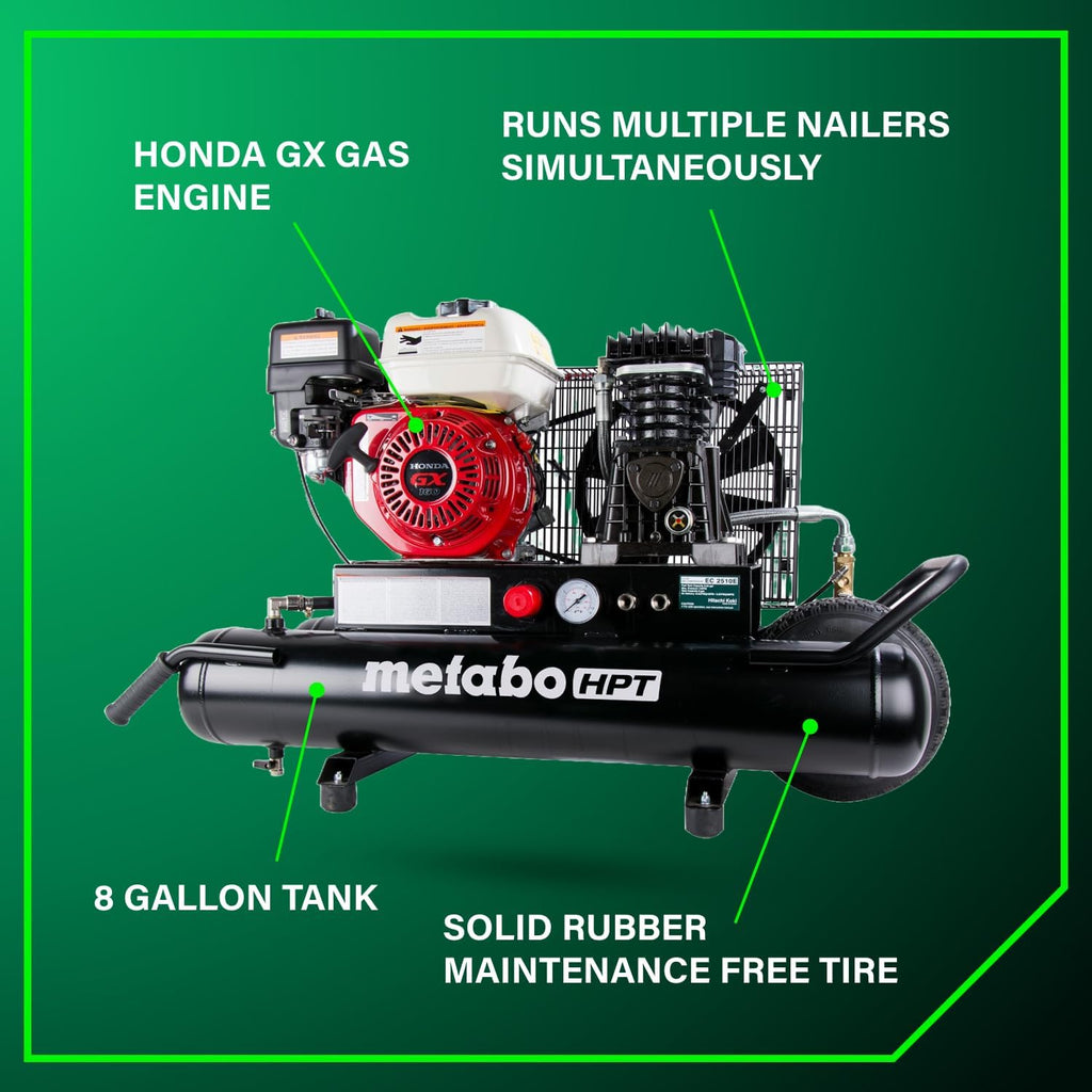 Metabo HPT Gas Powered Wheeled Air Compressor, 8 Gallon, 116 to 145 PSI, Professional Grade Honda GX Engine, Cast Iron Cylinder, Powerful Compression, Integrated Control Panel, EC2510E