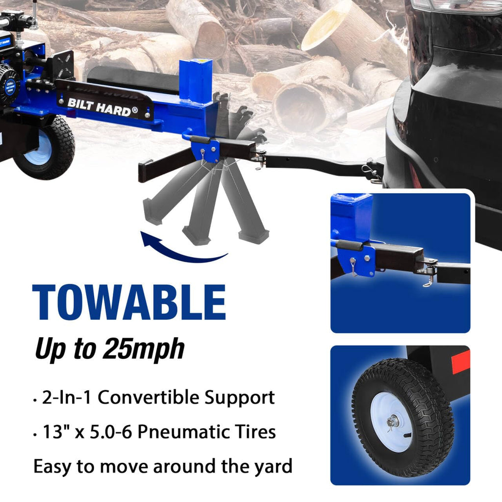 BILT HARD 25-Ton Horizontal/Vertical Log Splitter, Gas Wood Splitter with 209cc OHV Engine, 2" Ball Coupler, 16" DOT Tires, 2 Stage Gear Pump, Hydraulic Log Splitter, Firewood Splitting Machine