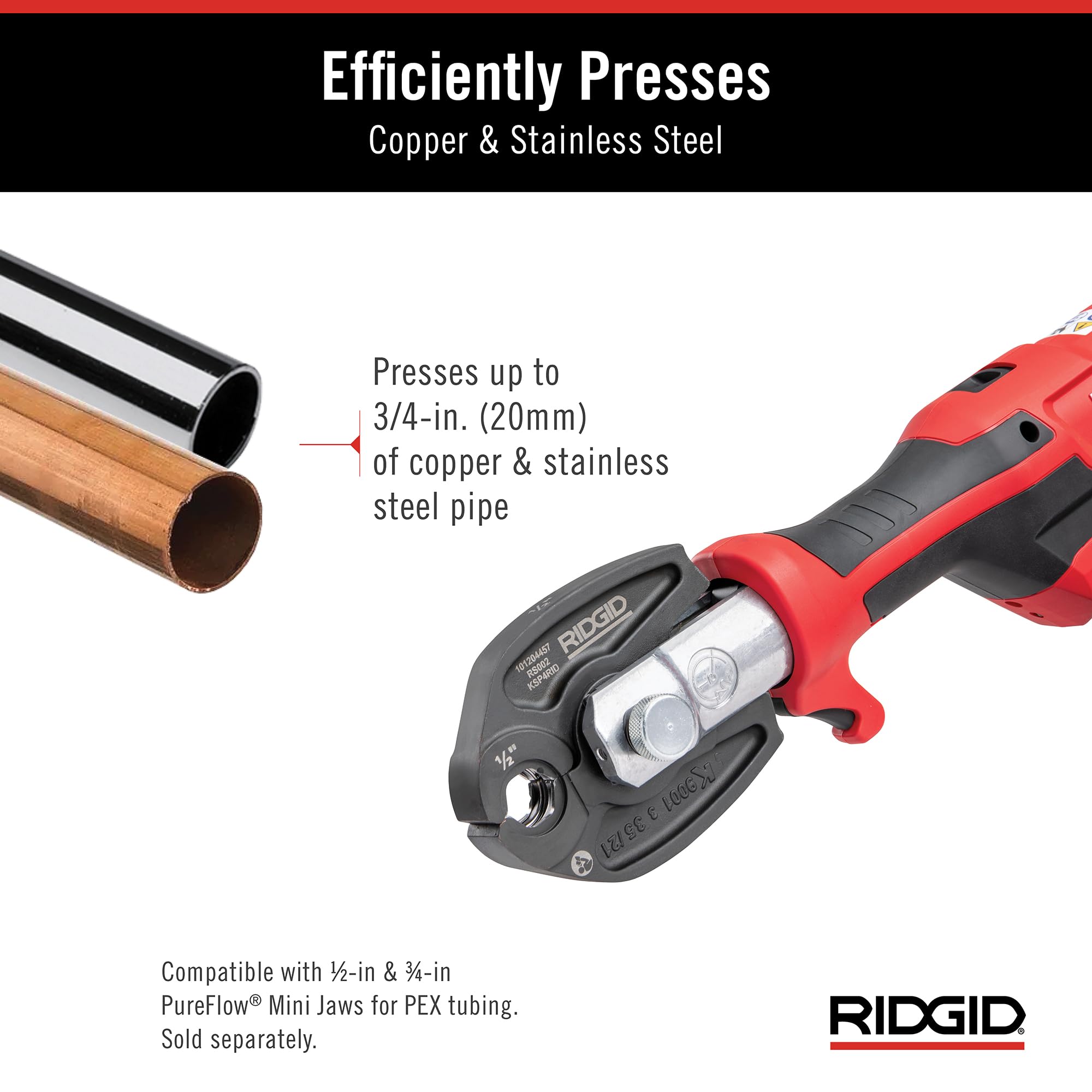 RIDGID 72553 Model RP 115 Mini Press Tool and Battery Kit with 1/2" to 3/4" ProPress Press Tool Jaws, 2V Li/Ion Battery, 12V Charger, and Carrying Case , Red