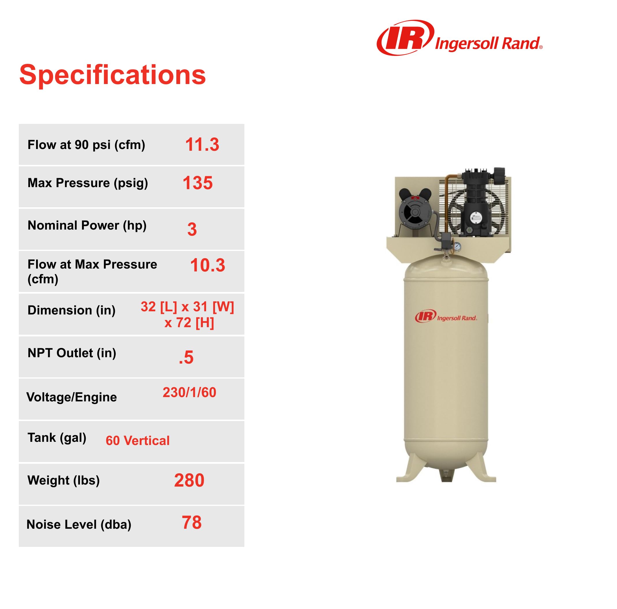 Ingersoll-Rand Ingersoll Rand SS3L3 3hp 60 gal Single-Stage Compressor (230/1) 32334005