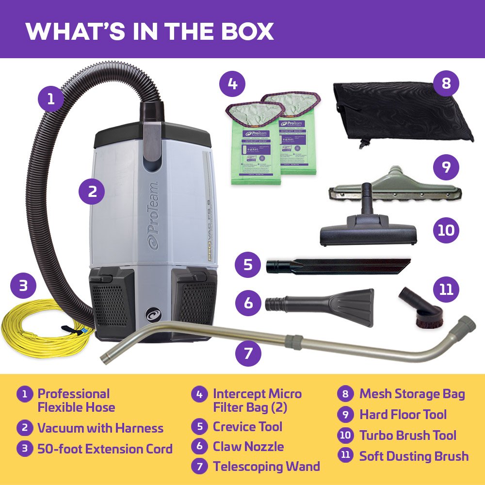 ProTeam ProVac FS 6 Commercial Backpack Vacuum with Power Nozzle Tool Kit, 6 Quart, Gray
