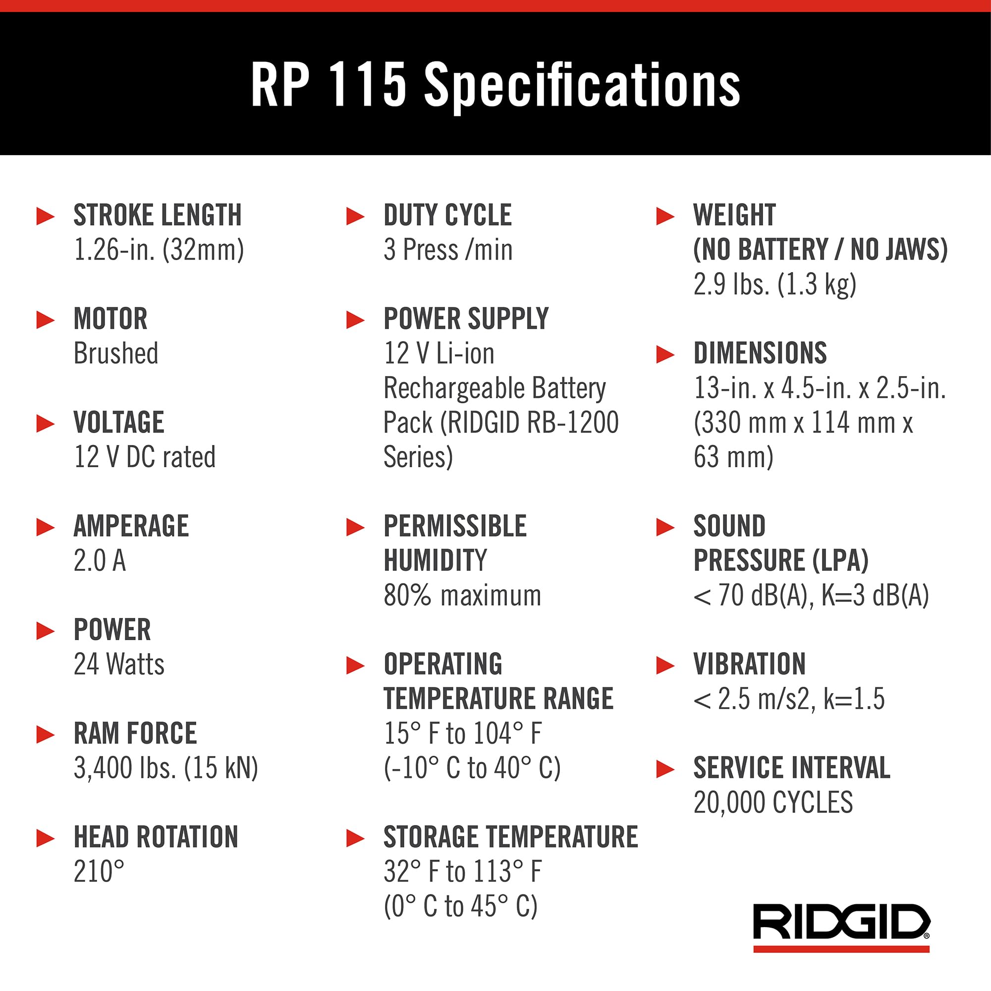 RIDGID 72553 Model RP 115 Mini Press Tool and Battery Kit with 1/2" to 3/4" ProPress Press Tool Jaws, 2V Li/Ion Battery, 12V Charger, and Carrying Case , Red