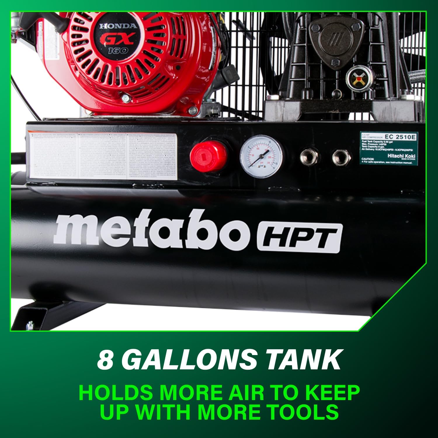 Metabo HPT Gas Powered Wheeled Air Compressor, 8 Gallon, 116 to 145 PSI, Professional Grade Honda GX Engine, Cast Iron Cylinder, Powerful Compression, Integrated Control Panel, EC2510E