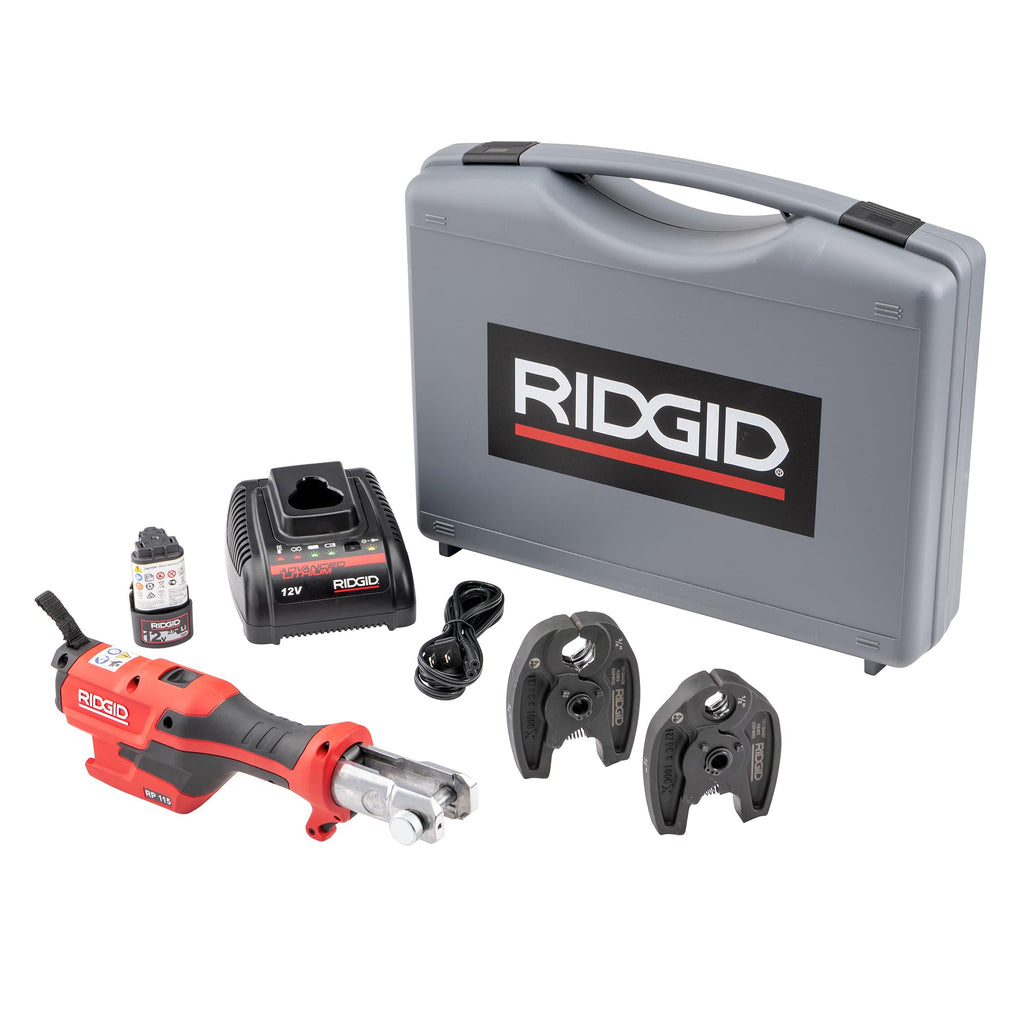 RIDGID 72553 Model RP 115 Mini Press Tool and Battery Kit with 1/2" to 3/4" ProPress Press Tool Jaws, 2V Li/Ion Battery, 12V Charger, and Carrying Case , Red