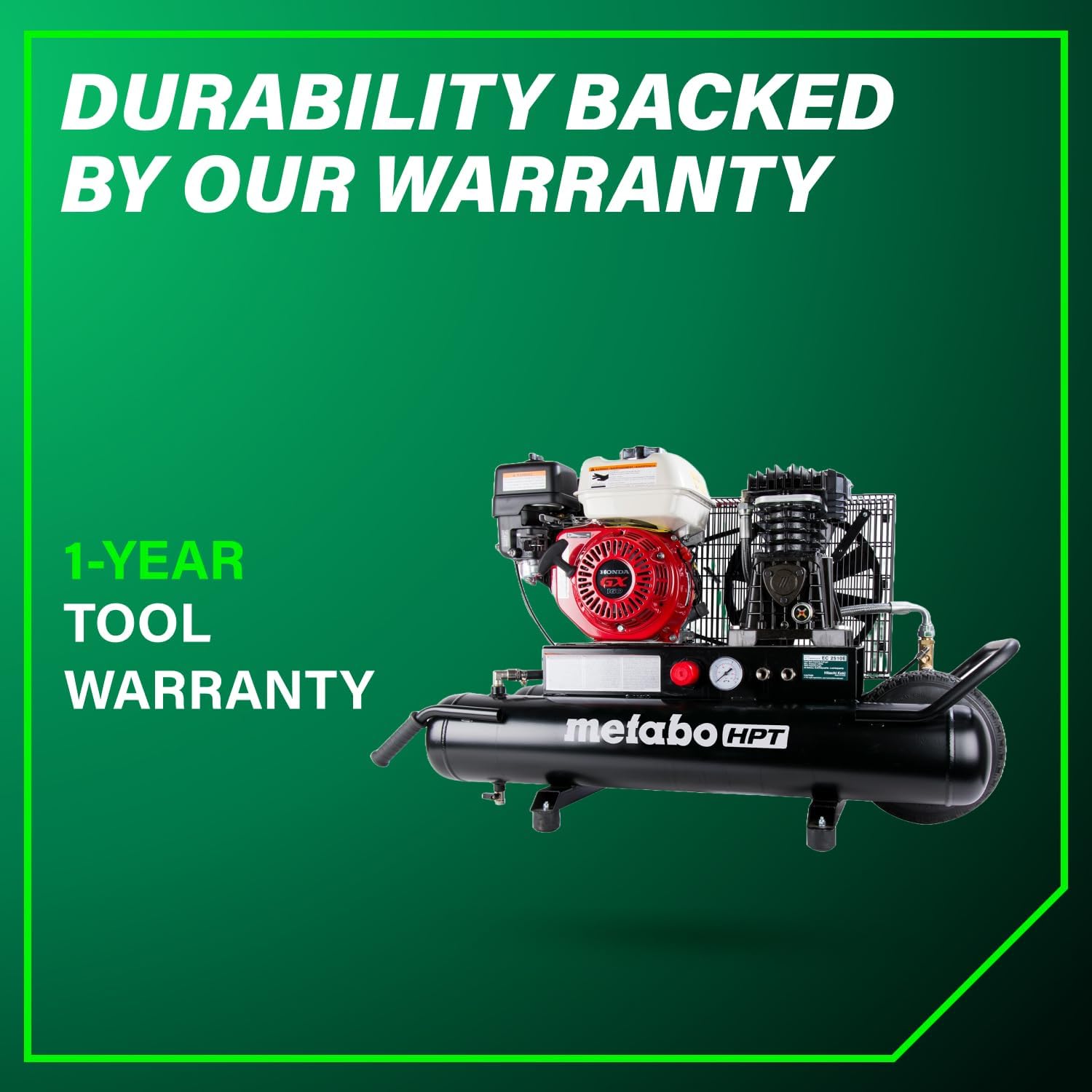 Metabo HPT Gas Powered Wheeled Air Compressor, 8 Gallon, 116 to 145 PSI, Professional Grade Honda GX Engine, Cast Iron Cylinder, Powerful Compression, Integrated Control Panel, EC2510E