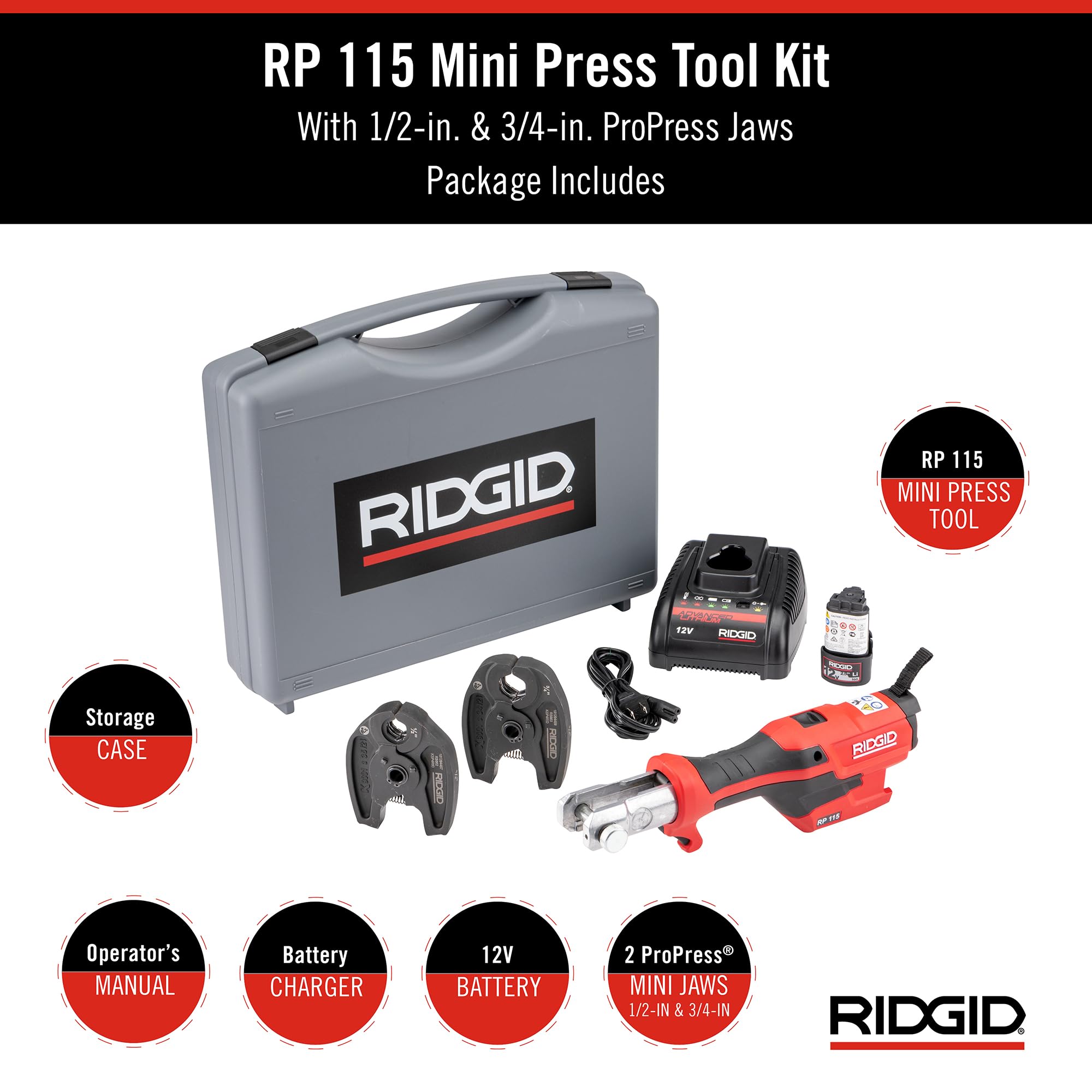 RIDGID 72553 Model RP 115 Mini Press Tool and Battery Kit with 1/2" to 3/4" ProPress Press Tool Jaws, 2V Li/Ion Battery, 12V Charger, and Carrying Case , Red