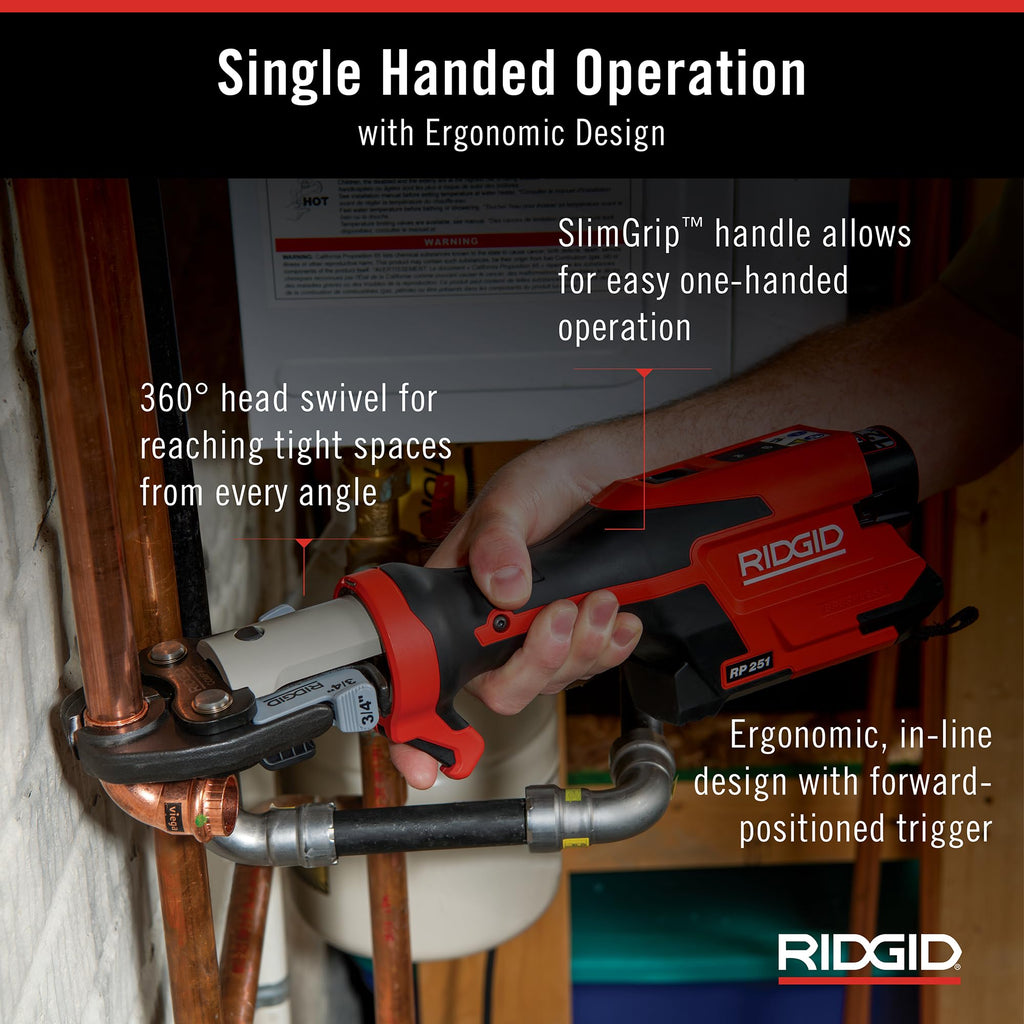 RIDGID 78148 RP 251 Compact Press Tool Battery Kit with ProPress Jaws (1/2" to 1-1/4"), In-Line Pressing Tool for Copper, Stainless Steel, PEX, and Carbon Steel