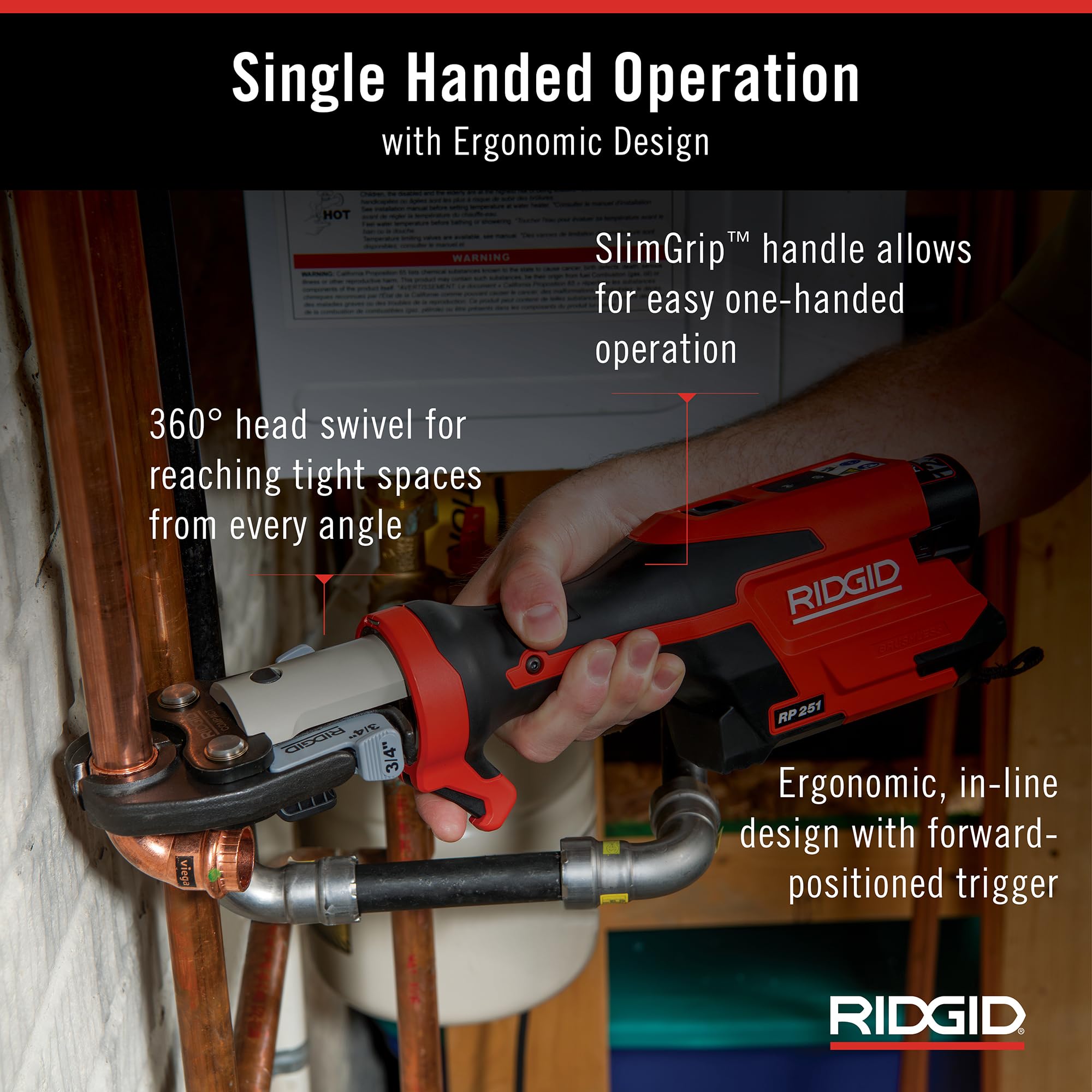 RIDGID 78148 RP 251 Compact Press Tool Battery Kit with ProPress Jaws (1/2" to 1-1/4"), In-Line Pressing Tool for Copper, Stainless Steel, PEX, and Carbon Steel