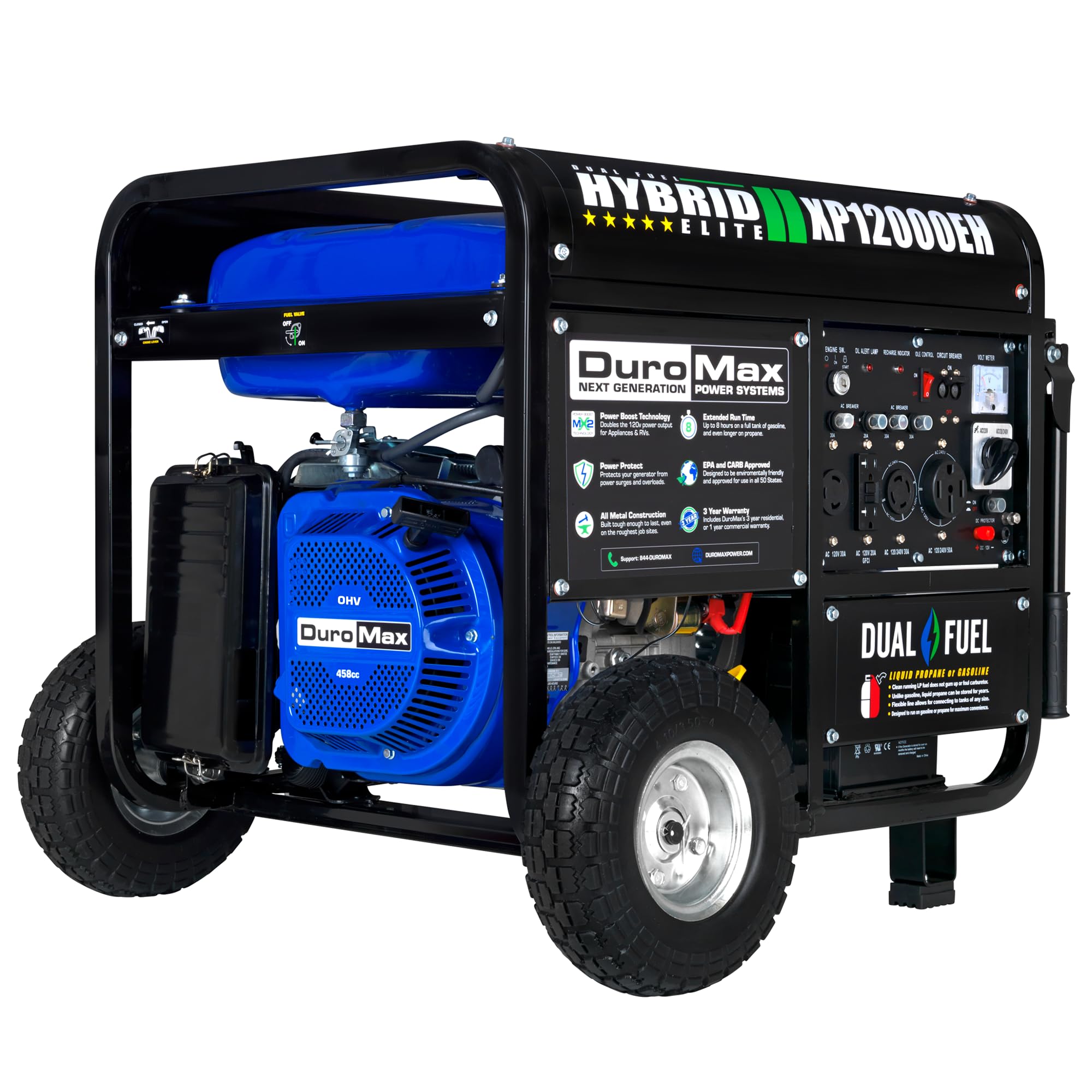 DuroMax XP13000EH 13,000-Watt Dual Fuel Portable Generator - Gas & Propane, Electric Start, Whole Home Backup Power, Transfer Switch Ready, RV & Emergency Ready