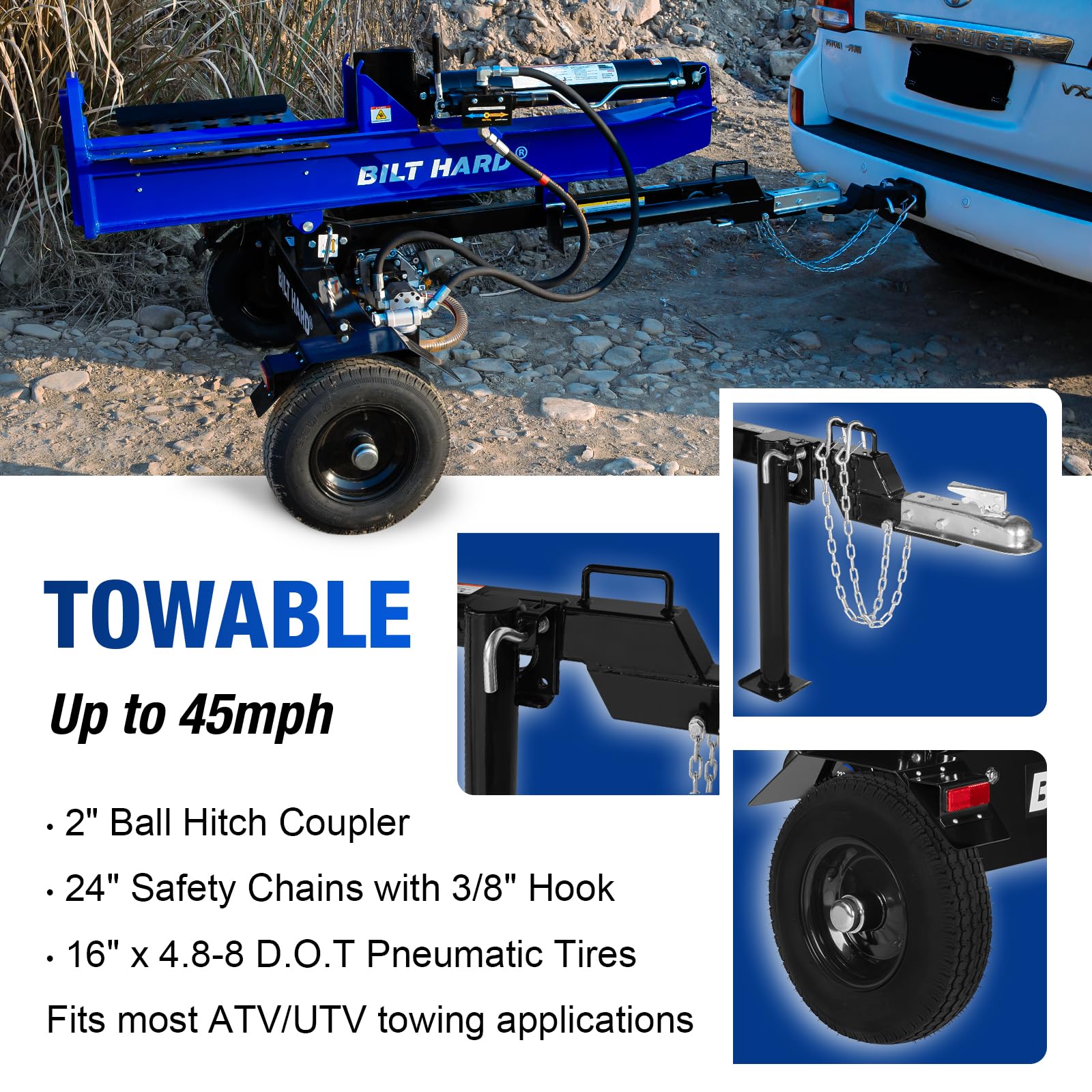 BILT HARD 25-Ton Horizontal/Vertical Log Splitter, Gas Wood Splitter with 209cc OHV Engine, 2" Ball Coupler, 16" DOT Tires, 2 Stage Gear Pump, Hydraulic Log Splitter, Firewood Splitting Machine