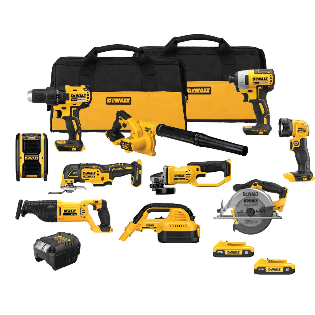 DEWALT 20V MAX Power Tool Combo Kit, 10 Tool Cordless Power Tool Set, 2 Batteries, Charger and 2 Bags Included, Dewalt Brushless Combo Kit (DCK1021D2)
