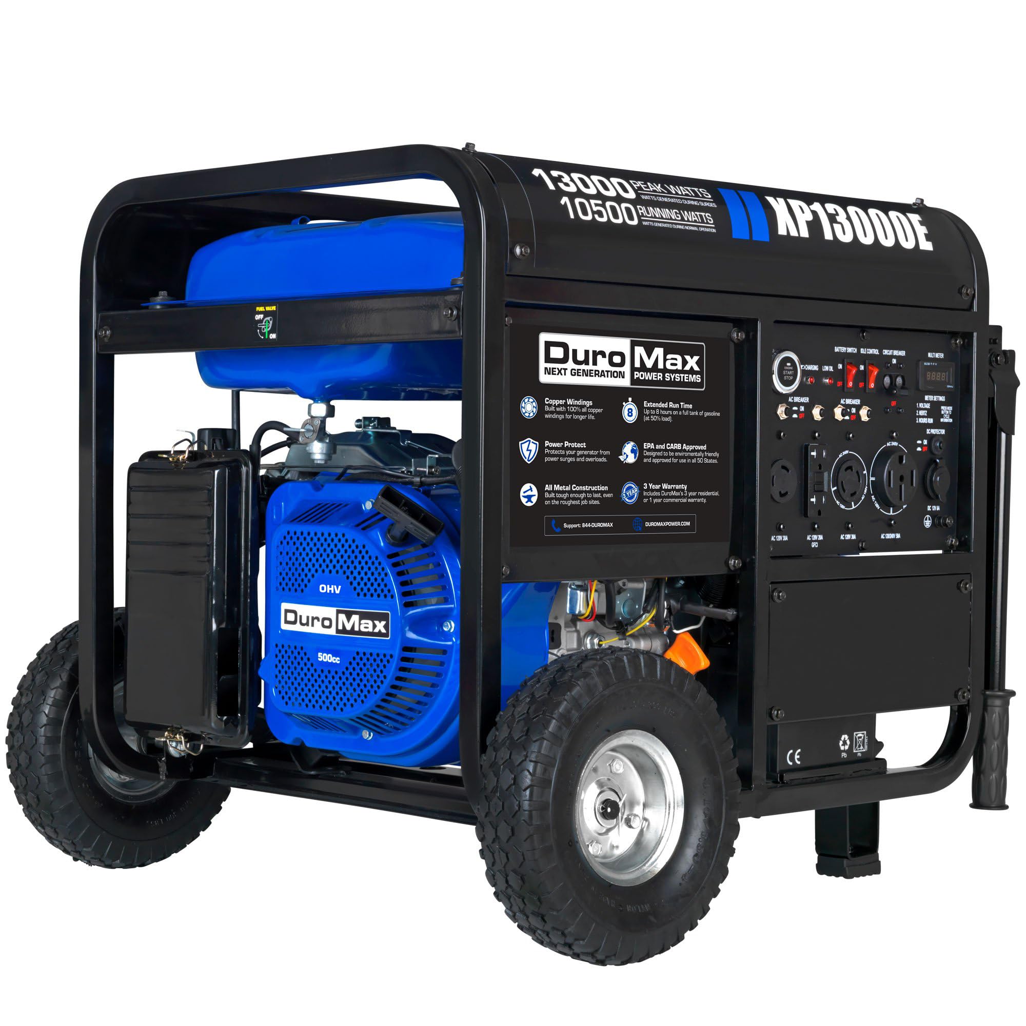 DuroMax XP13000EH 13,000-Watt Dual Fuel Portable Generator - Gas & Propane, Electric Start, Whole Home Backup Power, Transfer Switch Ready, RV & Emergency Ready