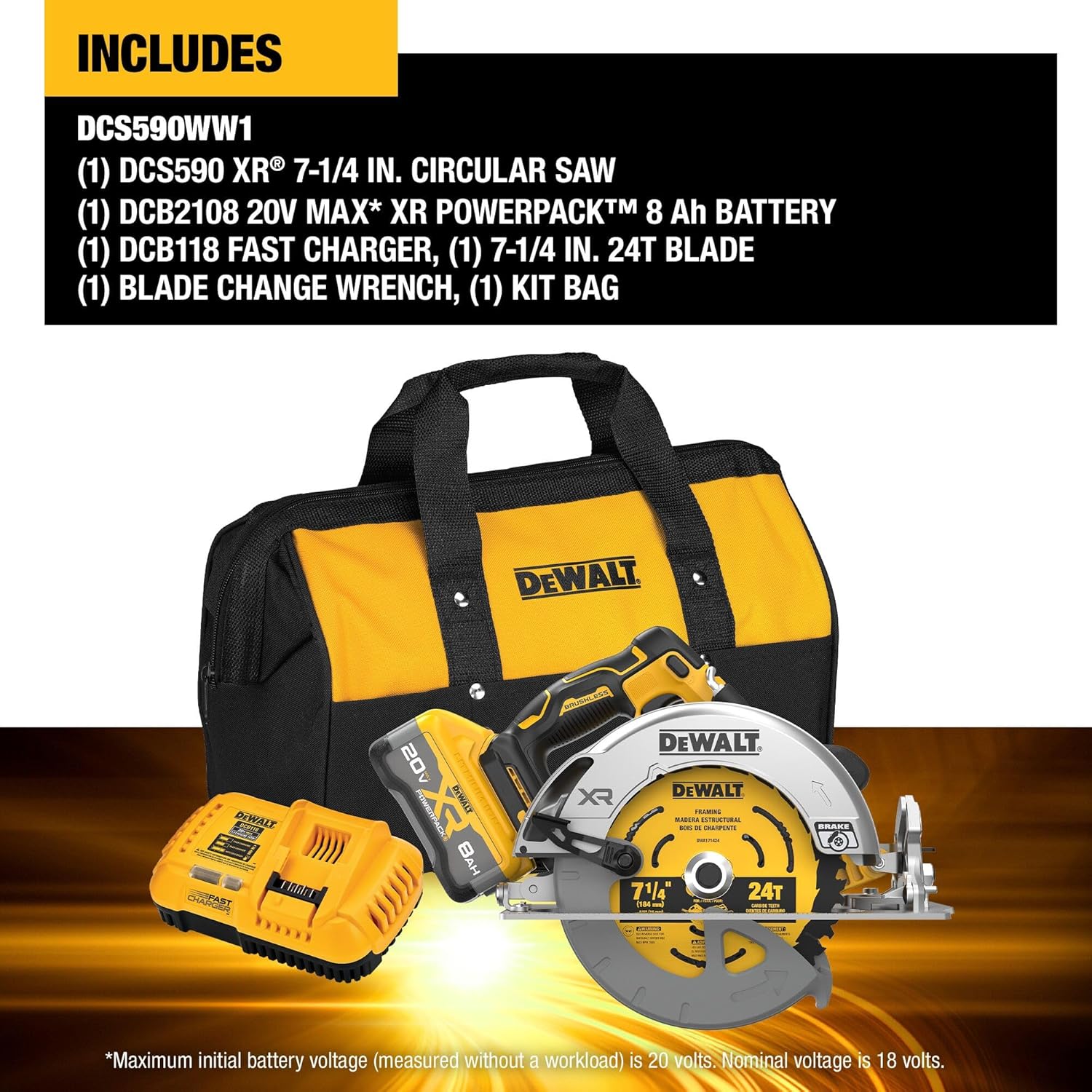 DEWALT 20V MAX XR 7-1/4" Cordless Circular Saw Kit XR POWERPACK with Battery and Charger Included (DCS590WW1)