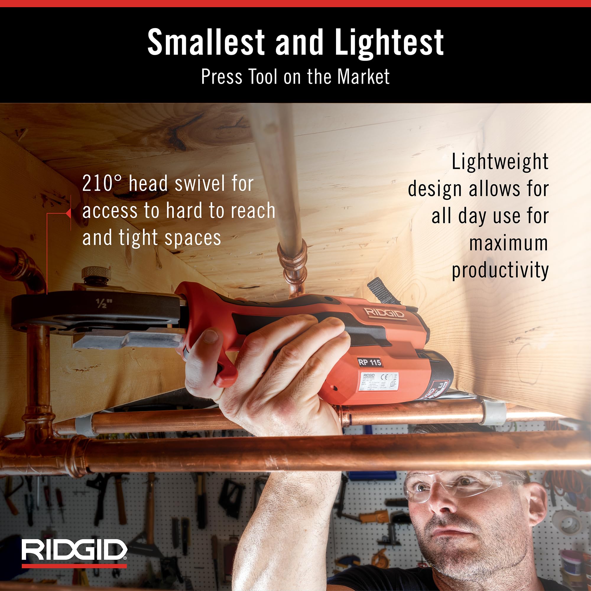 RIDGID 72553 Model RP 115 Mini Press Tool and Battery Kit with 1/2" to 3/4" ProPress Press Tool Jaws, 2V Li/Ion Battery, 12V Charger, and Carrying Case , Red