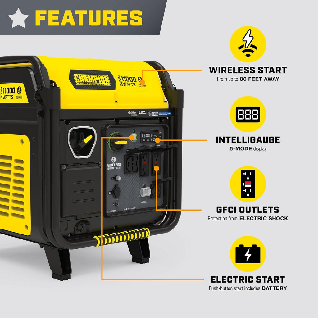 Champion Power Equipment 11,000-Watt Wireless Remote Start Home Backup Portable Inverter Generator with Quiet Technology and CO Shield