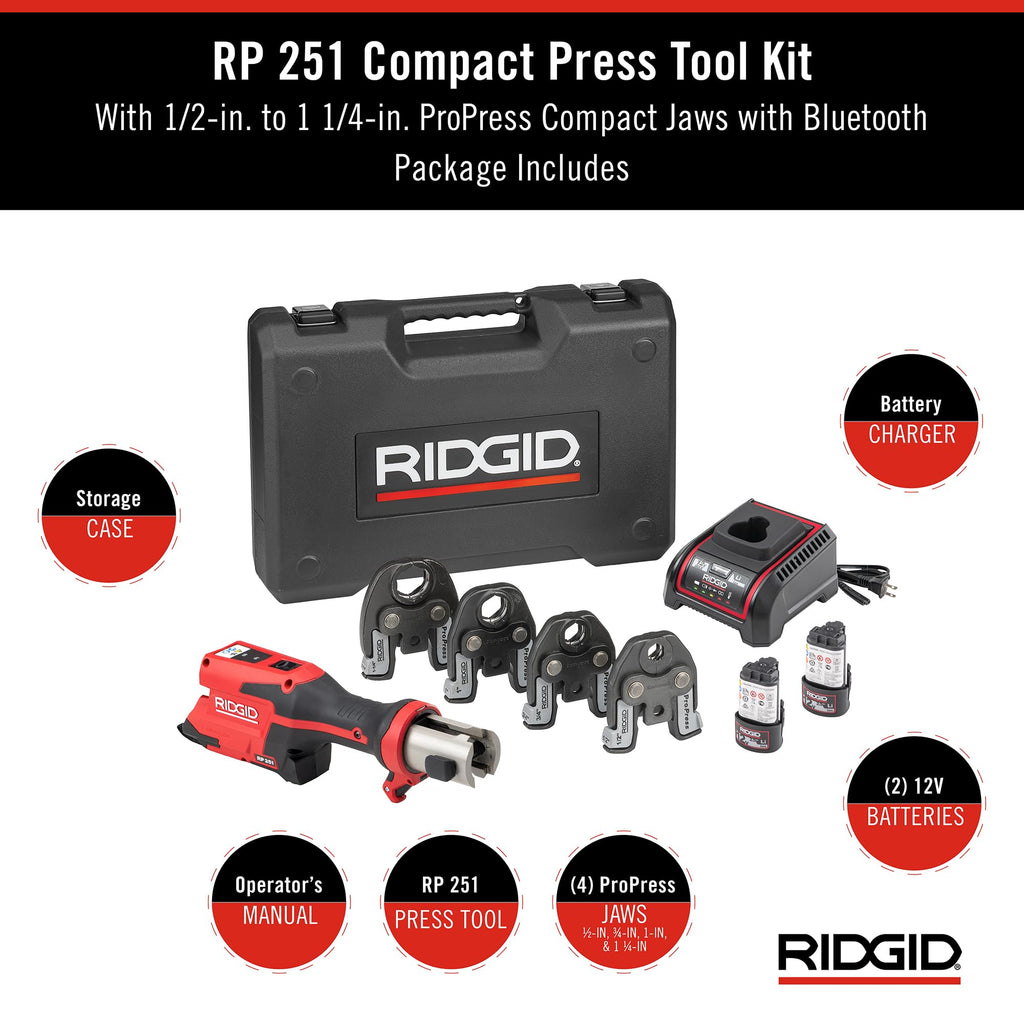 RIDGID 78148 RP 251 Compact Press Tool Battery Kit with ProPress Jaws (1/2" to 1-1/4"), In-Line Pressing Tool for Copper, Stainless Steel, PEX, and Carbon Steel