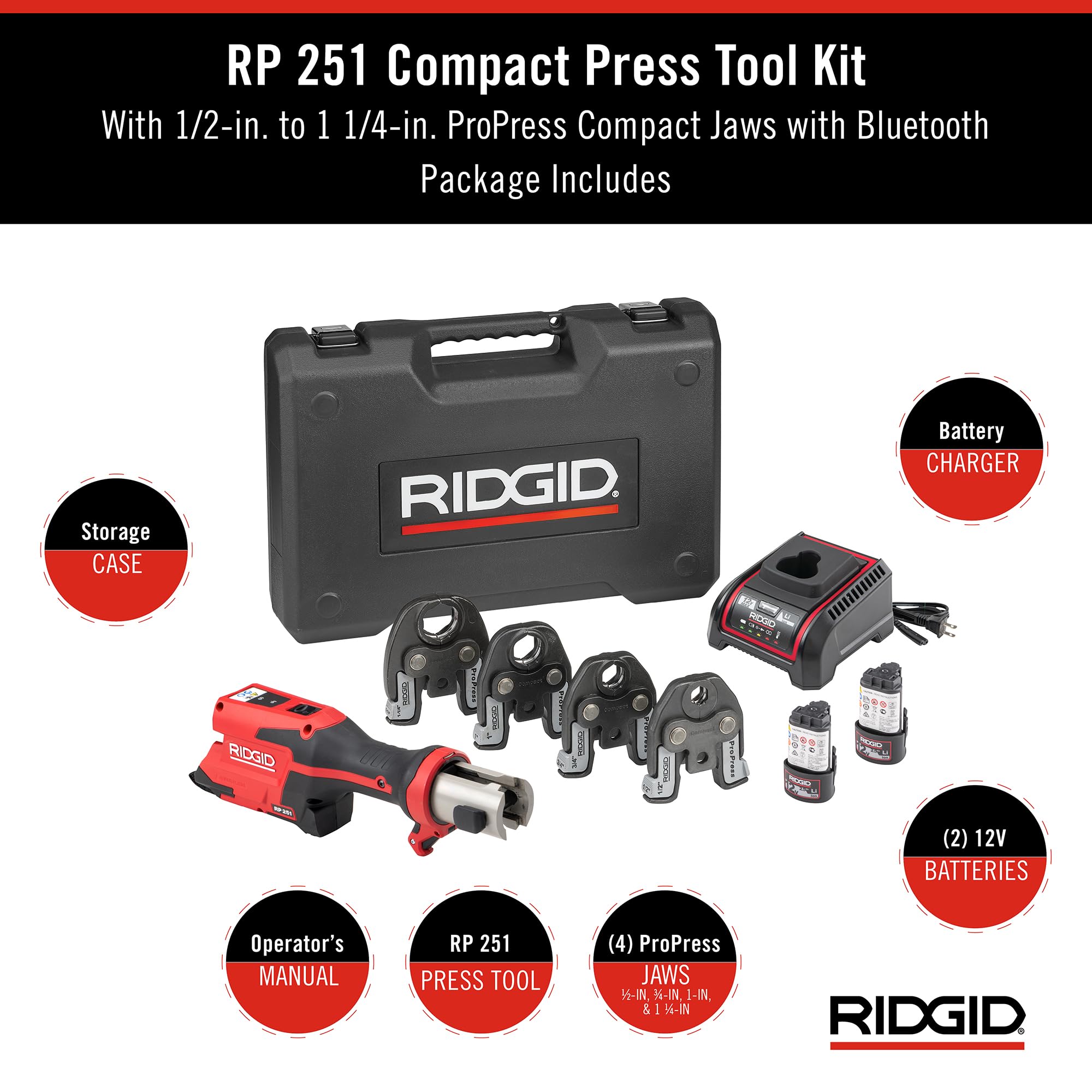 RIDGID 78148 RP 251 Compact Press Tool Battery Kit with ProPress Jaws (1/2" to 1-1/4"), In-Line Pressing Tool for Copper, Stainless Steel, PEX, and Carbon Steel