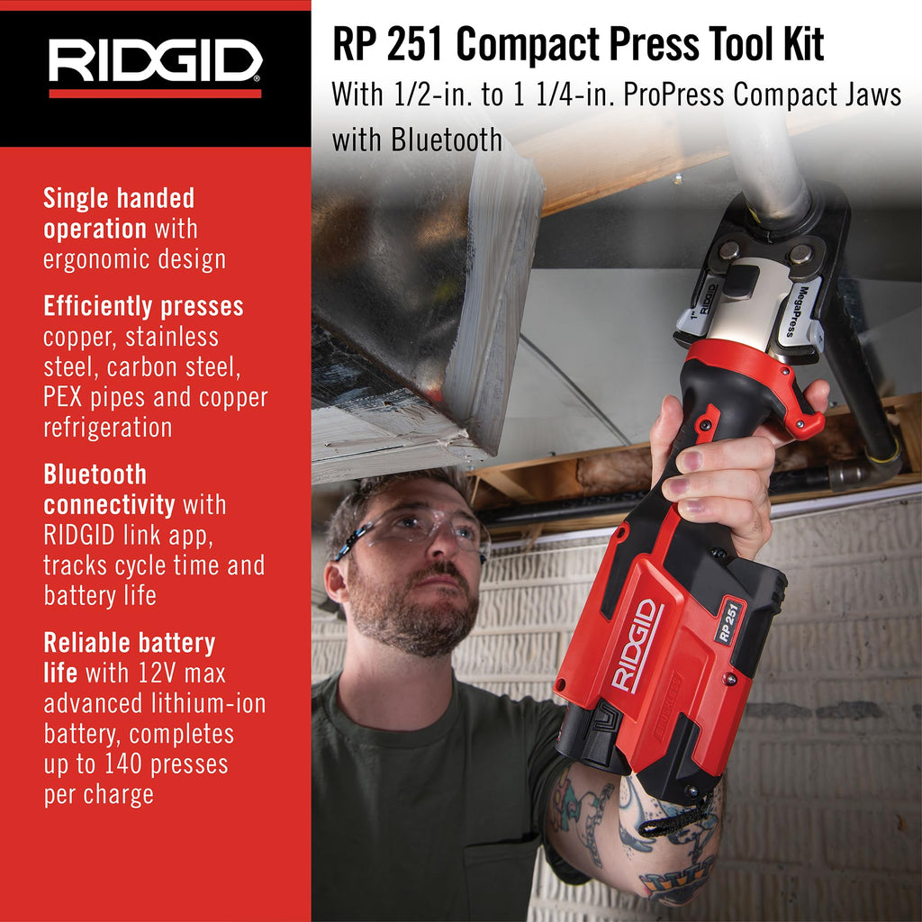 RIDGID 78148 RP 251 Compact Press Tool Battery Kit with ProPress Jaws (1/2" to 1-1/4"), In-Line Pressing Tool for Copper, Stainless Steel, PEX, and Carbon Steel
