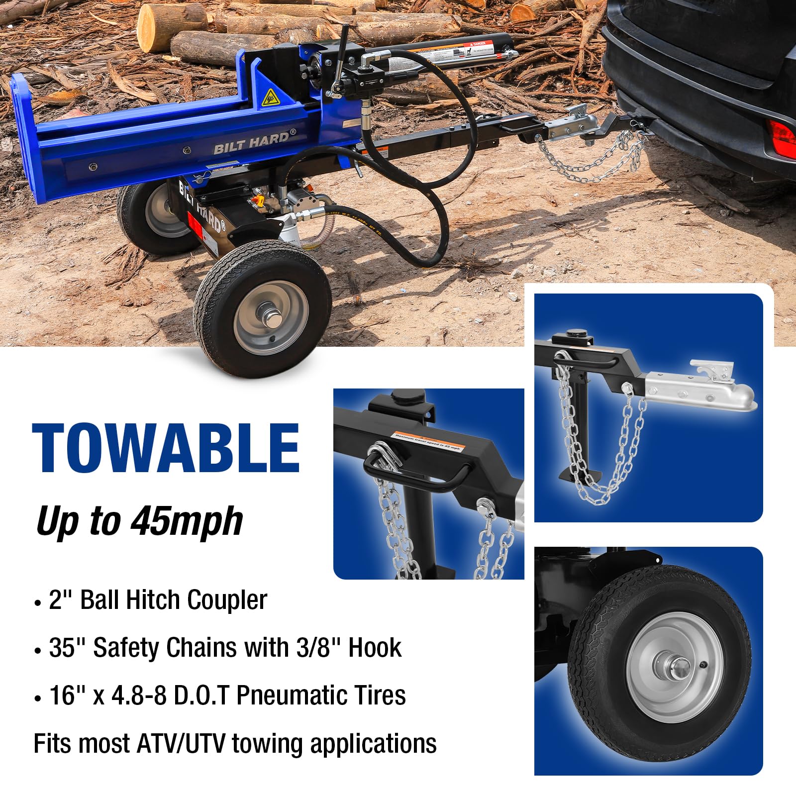 BILT HARD 25-Ton Horizontal/Vertical Log Splitter, Gas Wood Splitter with 209cc OHV Engine, 2" Ball Coupler, 16" DOT Tires, 2 Stage Gear Pump, Hydraulic Log Splitter, Firewood Splitting Machine