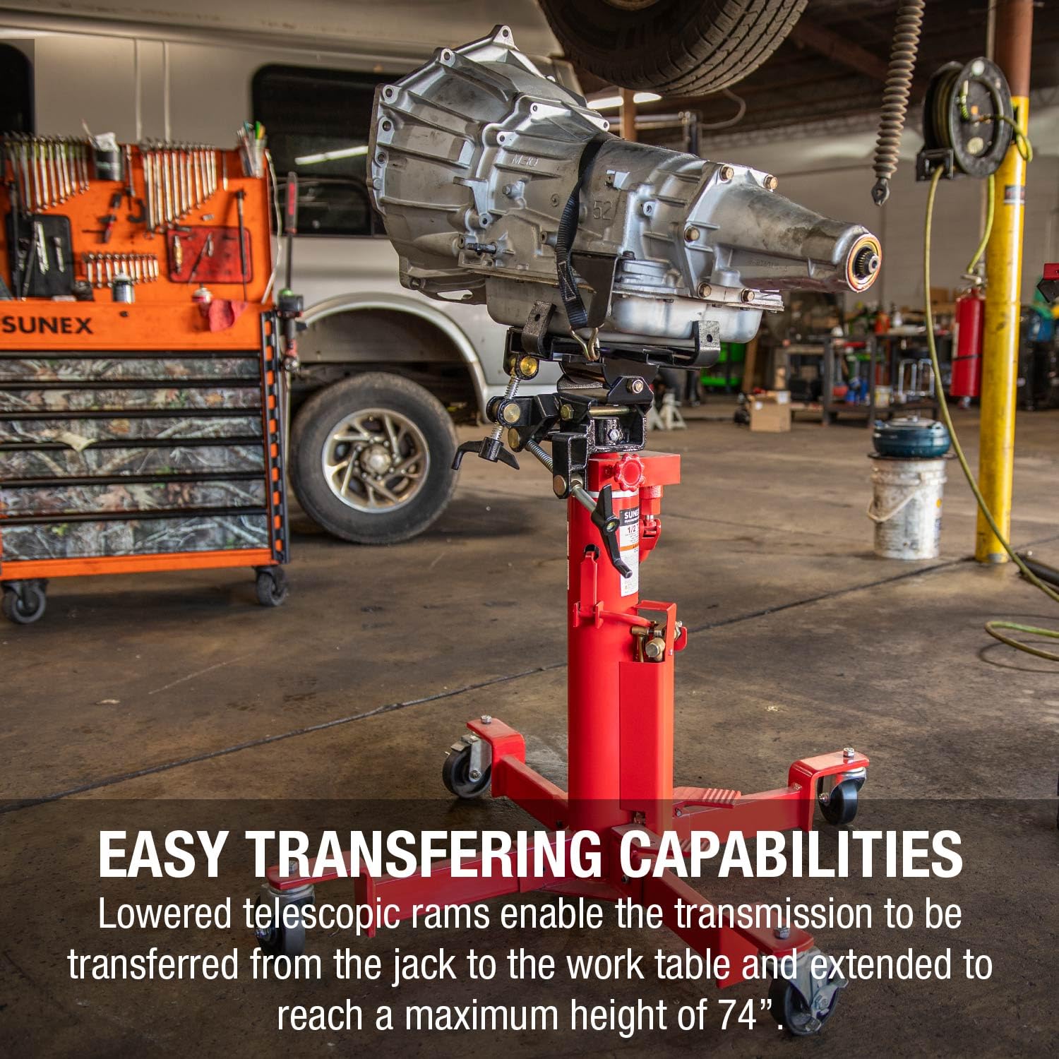 SUNEX TOOLS 1,000 lb Telescopic Transmission Jack, Air/Hydraulic, Foot & Hand Pump, Adjustable Saddle Arms, 73.5 in Max Height, Model 7796