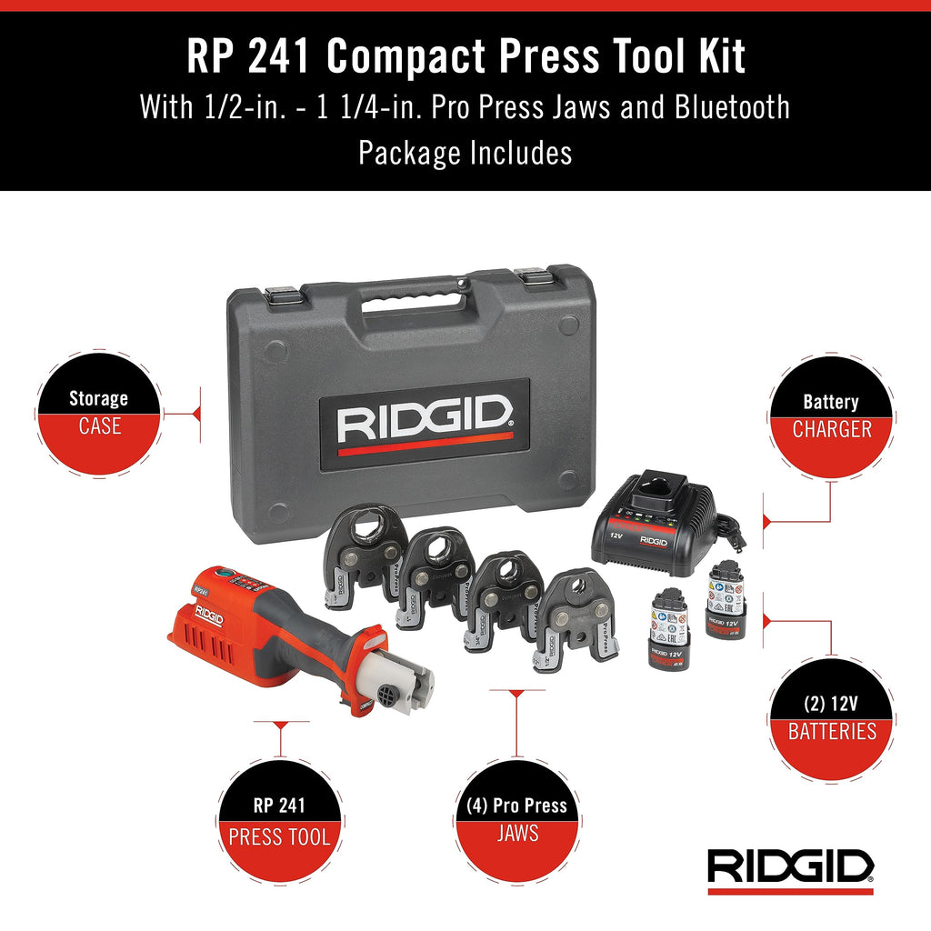 RIDGID 78148 RP 251 Compact Press Tool Battery Kit with ProPress Jaws (1/2" to 1-1/4"), In-Line Pressing Tool for Copper, Stainless Steel, PEX, and Carbon Steel