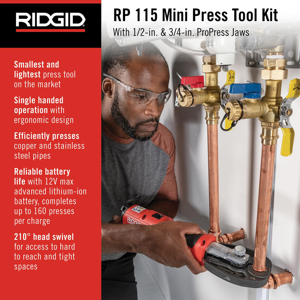 RIDGID 72553 Model RP 115 Mini Press Tool and Battery Kit with 1/2" to 3/4" ProPress Press Tool Jaws, 2V Li/Ion Battery, 12V Charger, and Carrying Case , Red