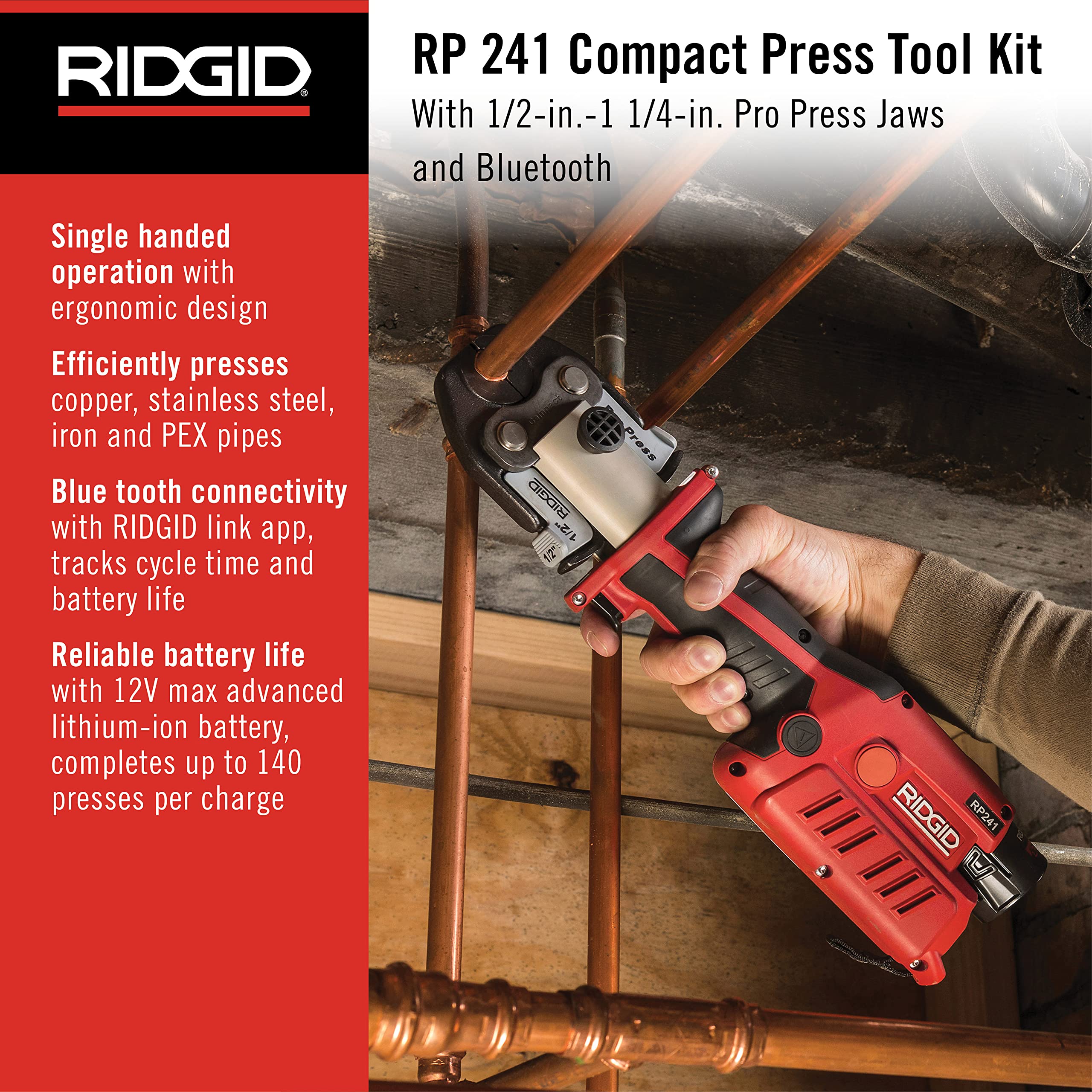 RIDGID 78148 RP 251 Compact Press Tool Battery Kit with ProPress Jaws (1/2" to 1-1/4"), In-Line Pressing Tool for Copper, Stainless Steel, PEX, and Carbon Steel